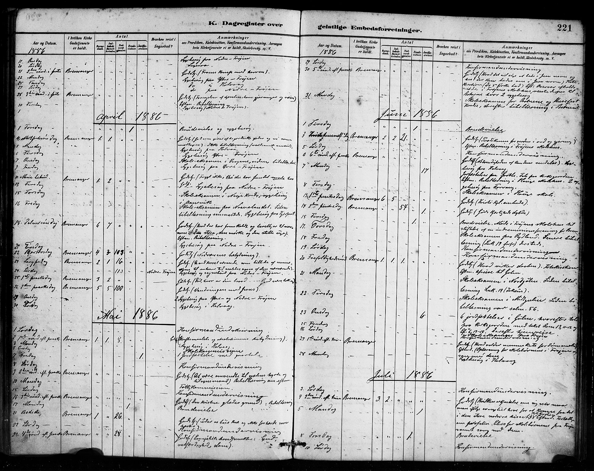 Bremanger sokneprestembete, SAB/A-82201/H/Haa/Haab/L0001: Parish register (official) no. B 1, 1884-1895, p. 221