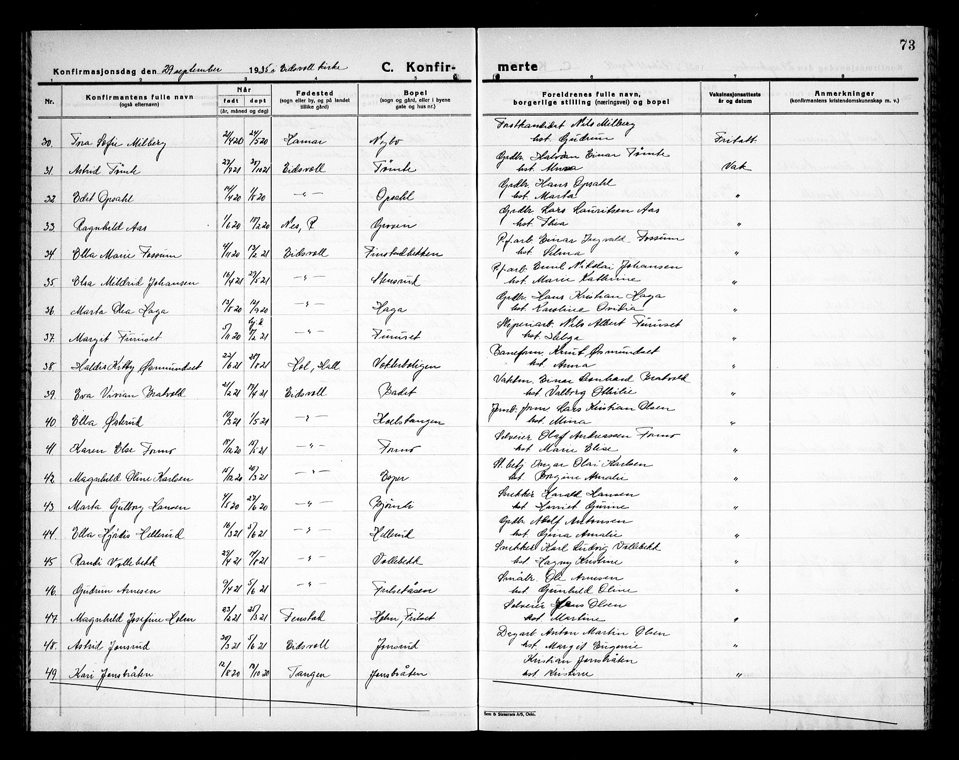 Eidsvoll prestekontor Kirkebøker, AV/SAO-A-10888/G/Ga/L0011: Parish register (copy) no. I 11, 1926-1936, p. 73