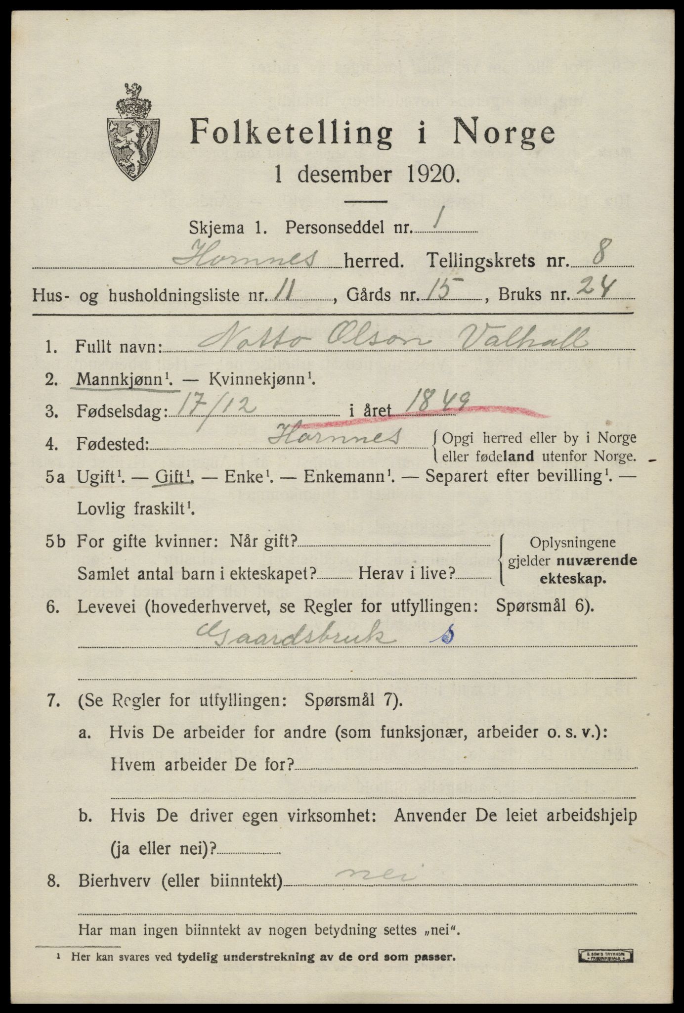 SAK, 1920 census for Hornnes, 1920, p. 1991