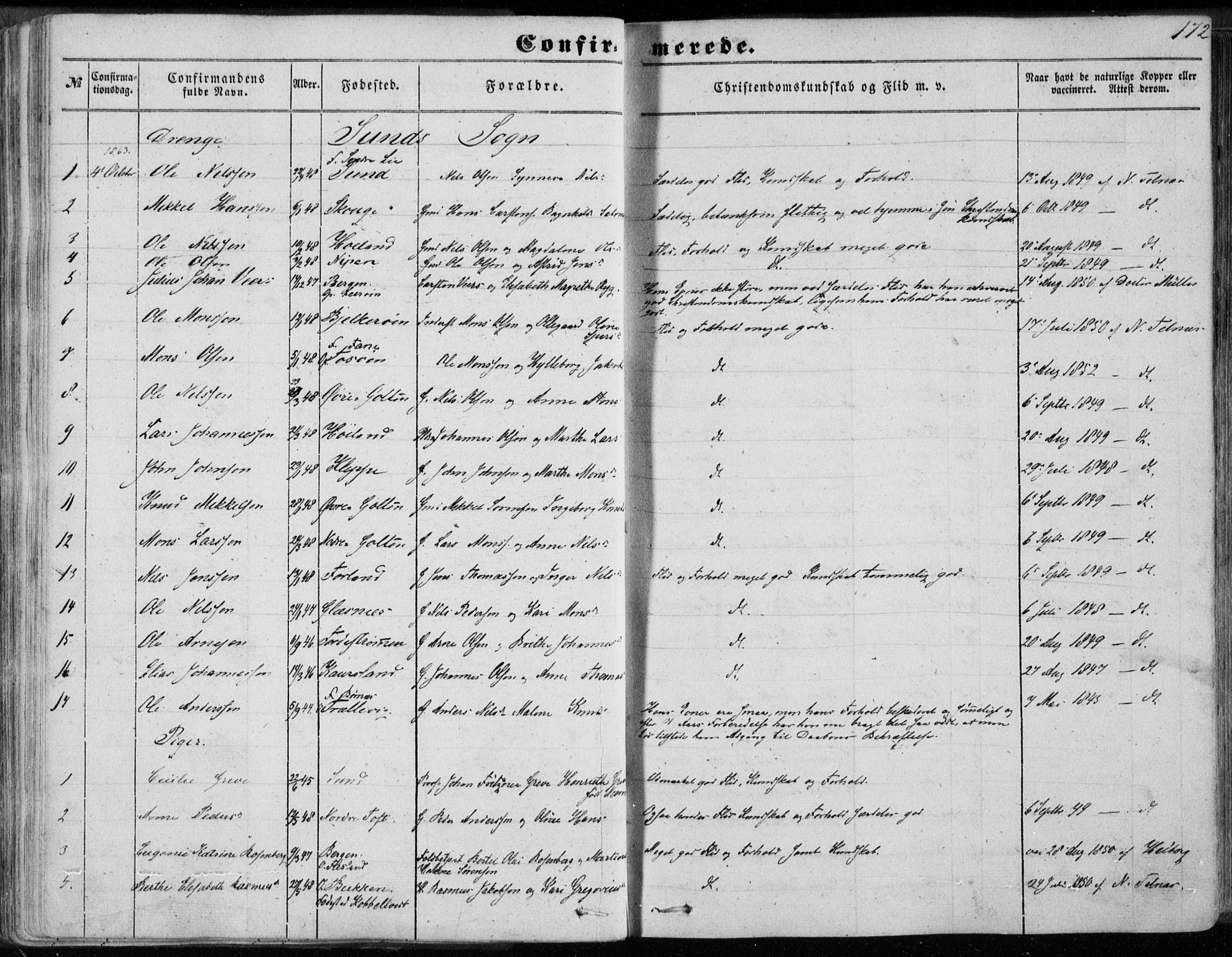 Sund sokneprestembete, AV/SAB-A-99930: Parish register (official) no. A 14, 1850-1866, p. 172