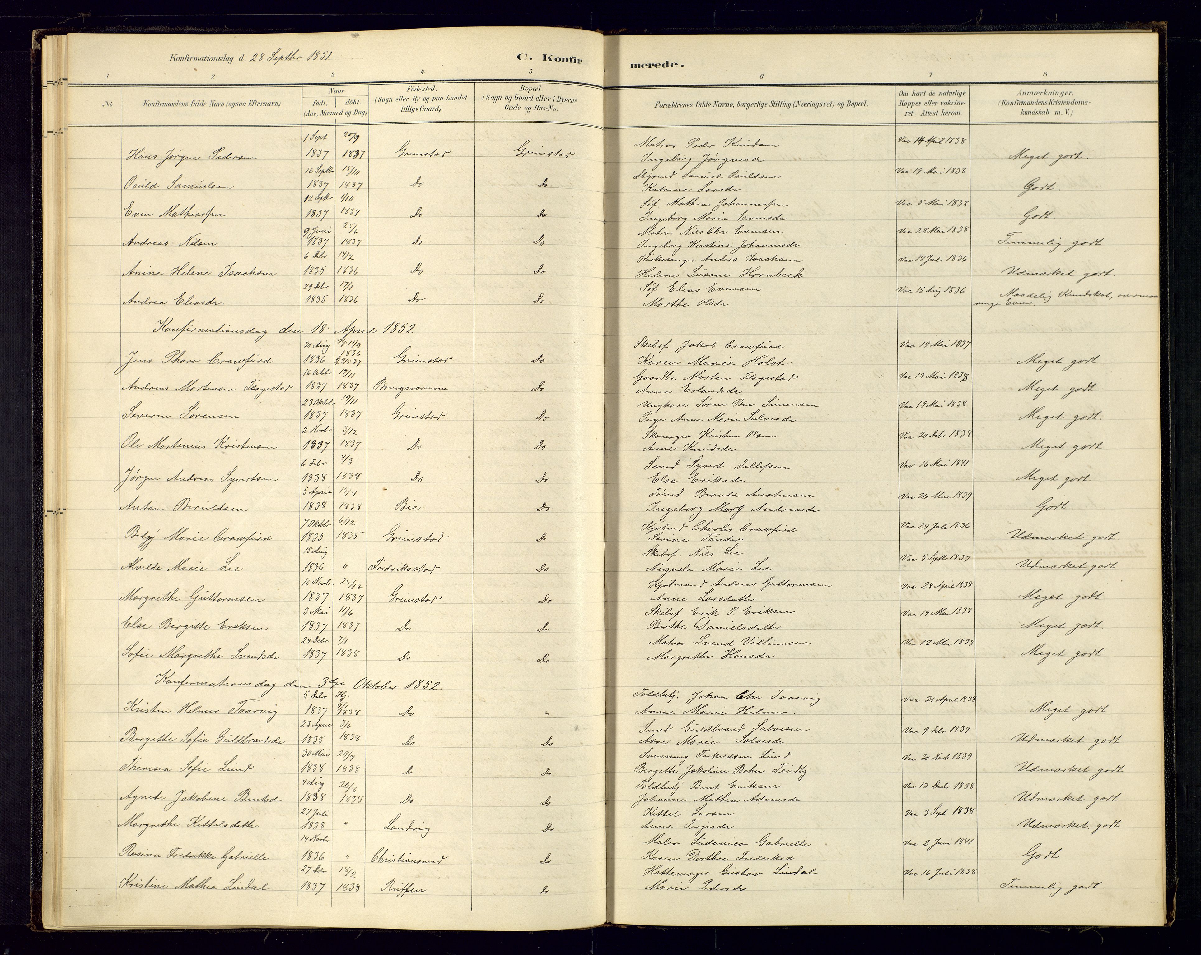 Grimstad sokneprestkontor, AV/SAK-1111-0017/F/Fa/L0001: Parish register (official) no. A 1a, 1850-1877