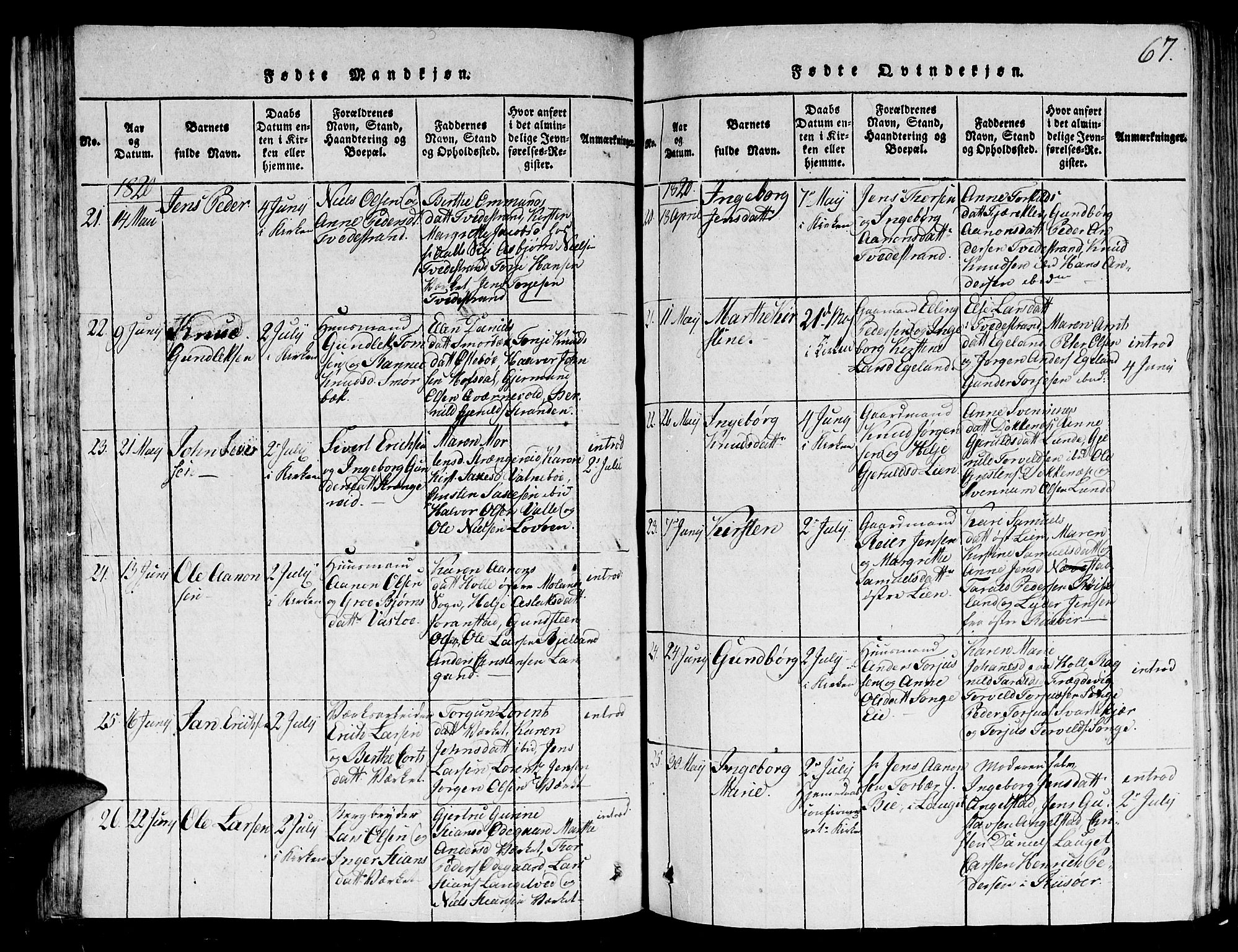 Holt sokneprestkontor, AV/SAK-1111-0021/F/Fb/L0006: Parish register (copy) no. B 6, 1813-1823, p. 67