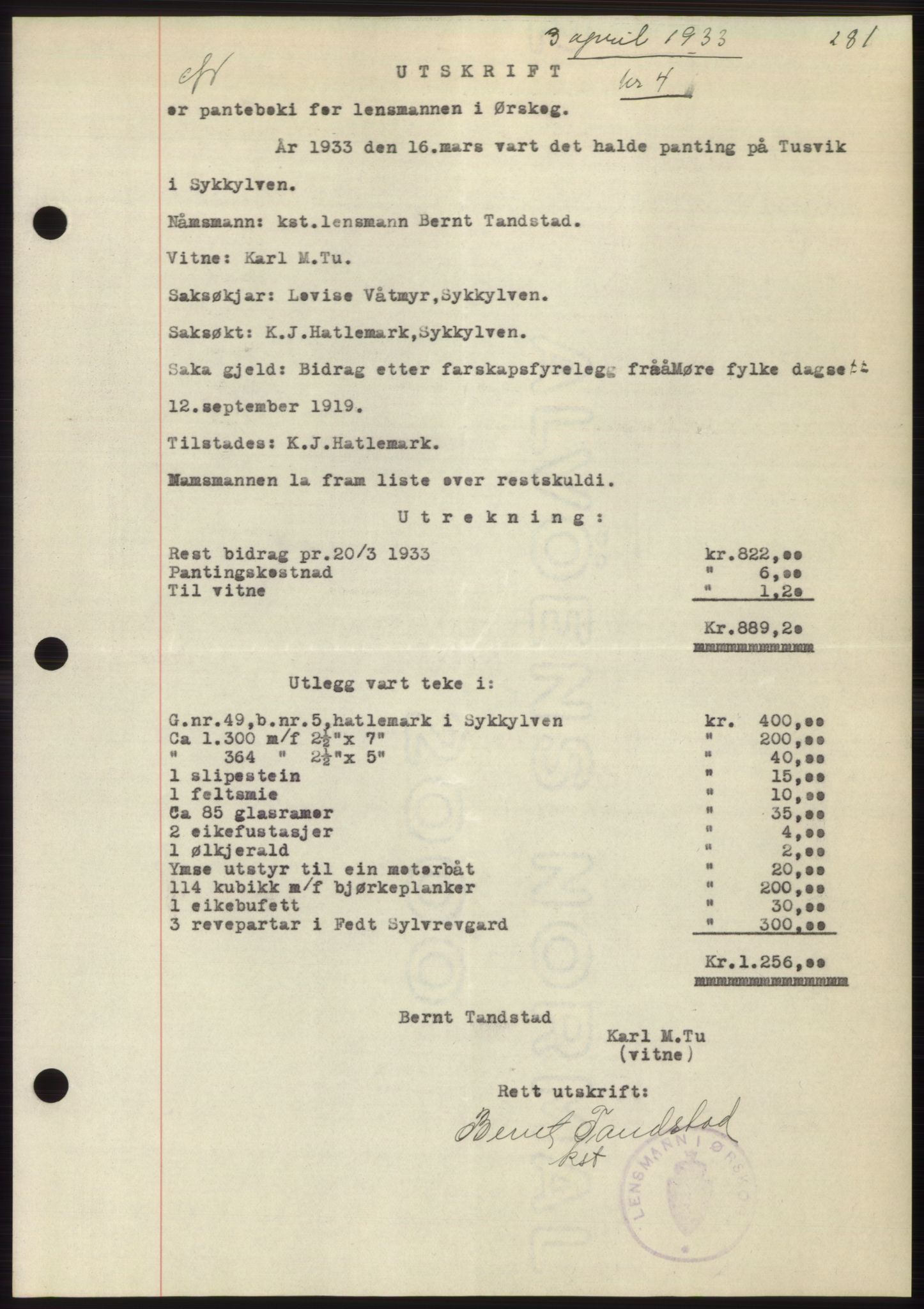 Nordre Sunnmøre sorenskriveri, AV/SAT-A-0006/1/2/2C/2Ca/L0052: Mortgage book no. 52, 1933-1933, Deed date: 03.04.1933