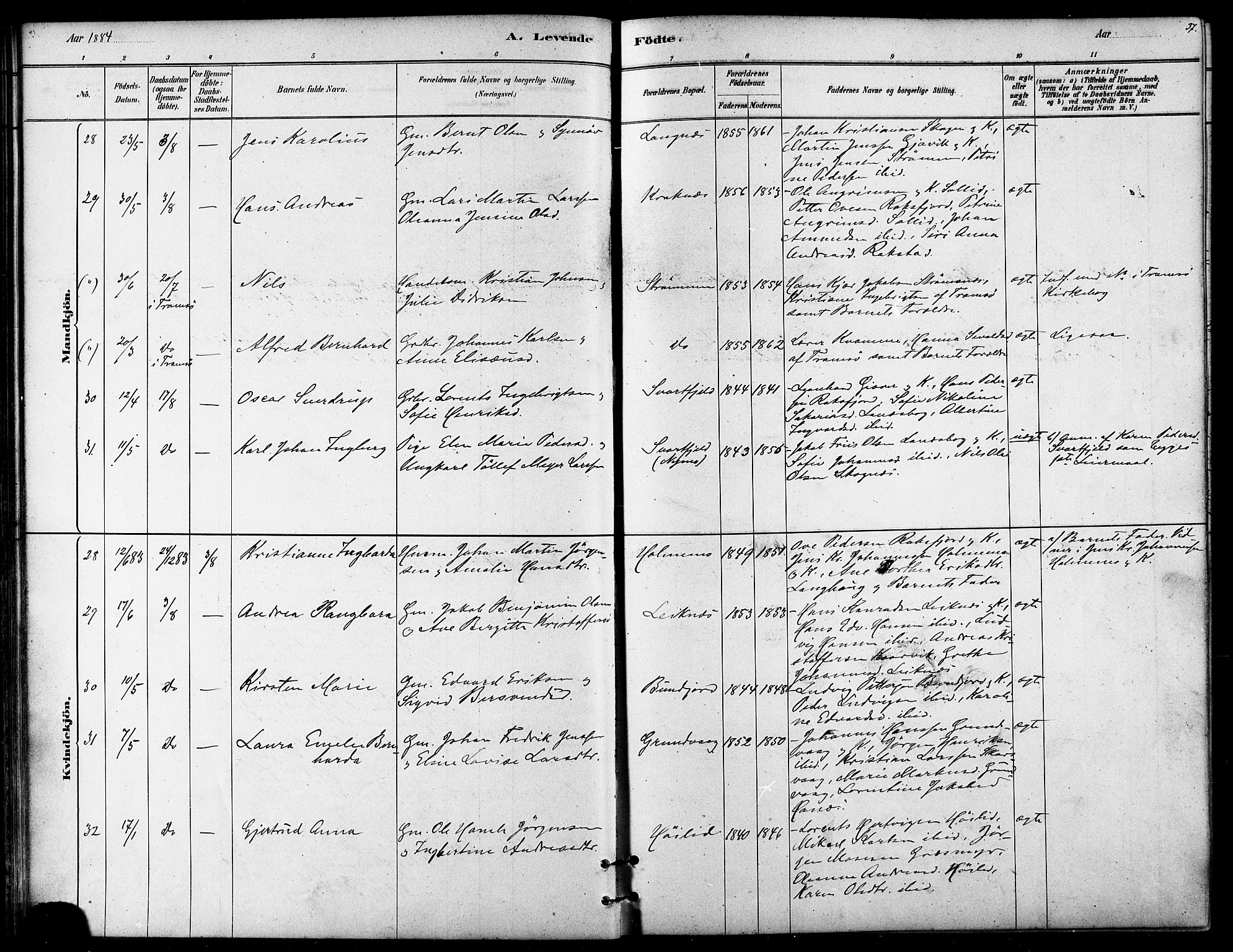 Lenvik sokneprestembete, SATØ/S-1310/H/Ha/Haa/L0011kirke: Parish register (official) no. 11, 1880-1889, p. 37