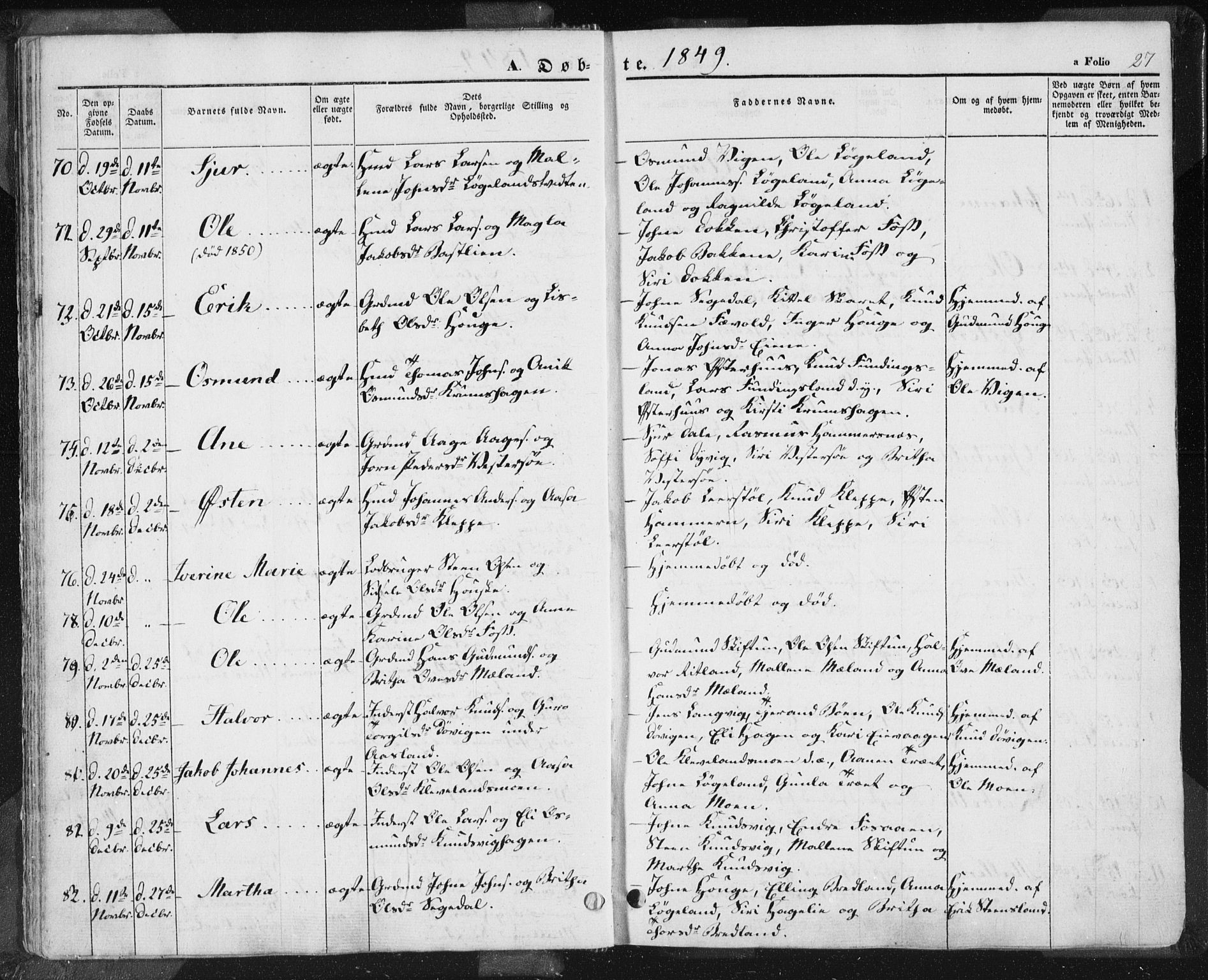 Hjelmeland sokneprestkontor, AV/SAST-A-101843/01/IV/L0009: Parish register (official) no. A 9, 1846-1860, p. 27