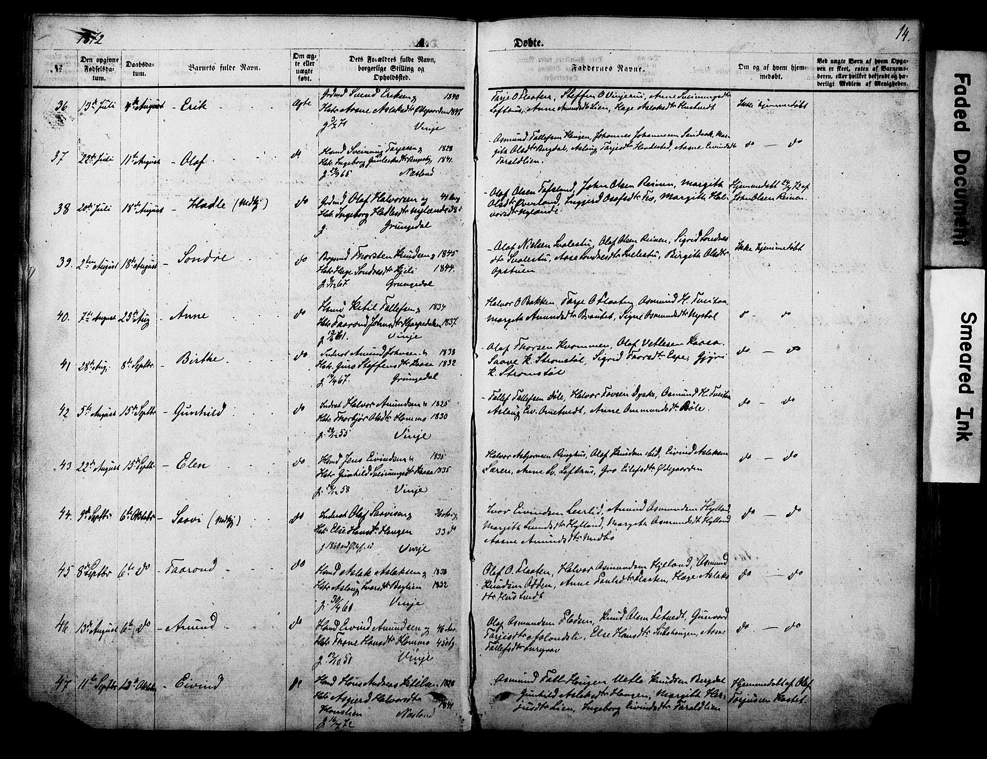 Vinje kirkebøker, SAKO/A-312/F/Fa/L0005: Parish register (official) no. I 5, 1870-1886, p. 14