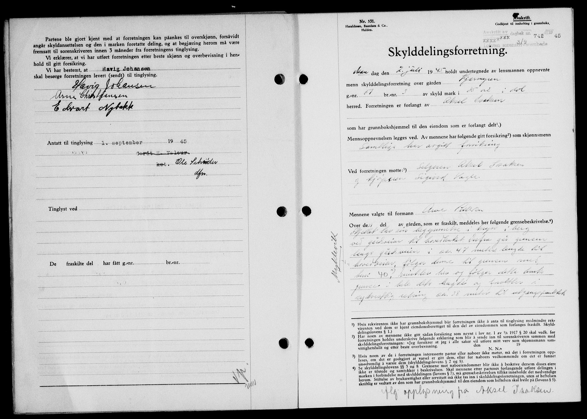 Lofoten sorenskriveri, SAT/A-0017/1/2/2C/L0013a: Mortgage book no. 13a, 1944-1946, Diary no: : 742/1945