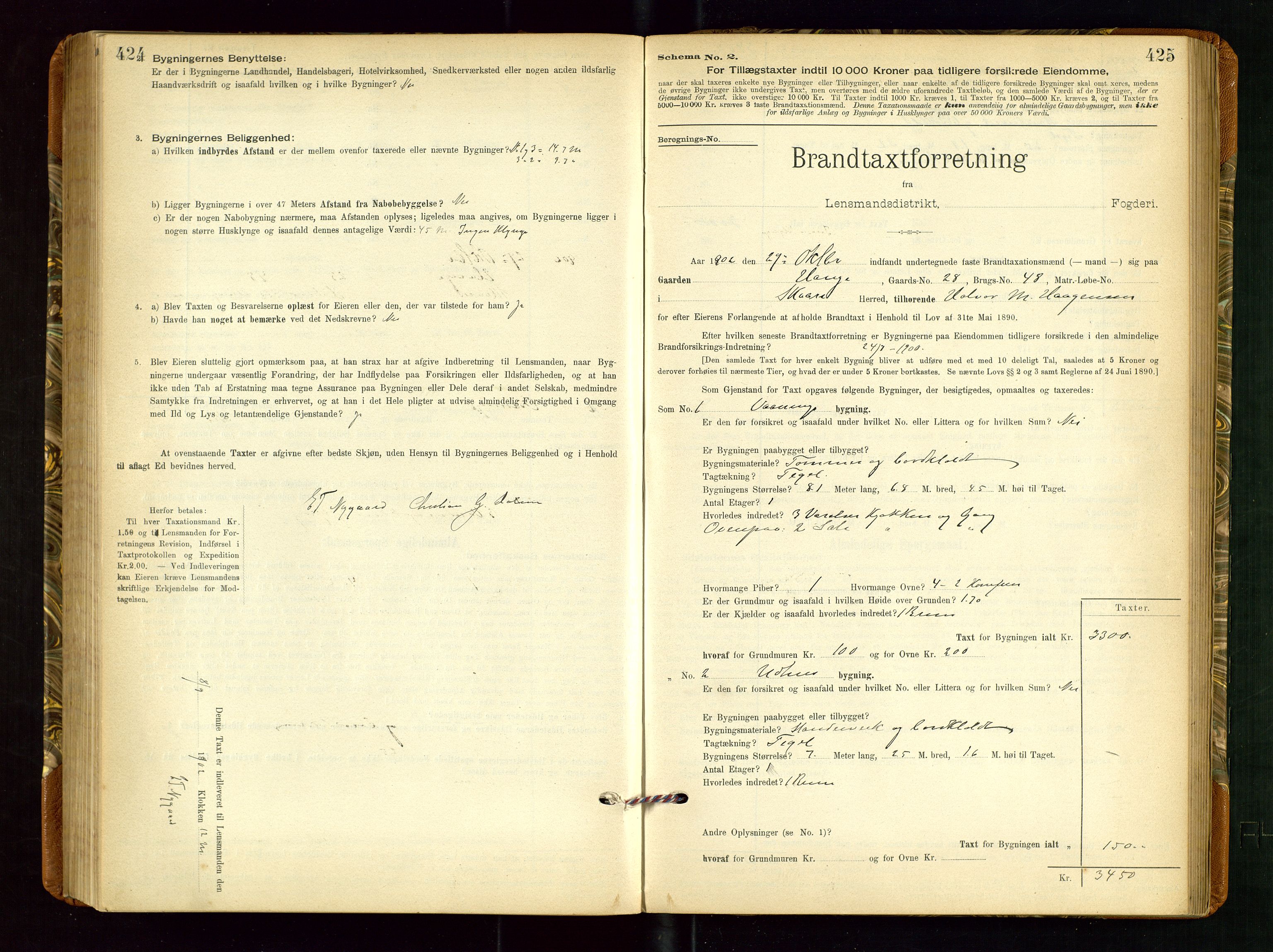 Torvestad lensmannskontor, AV/SAST-A-100307/1/Gob/L0002: "Brandtakstprotokol for Lensmanden i Torvestad", 1900-1905, p. 424-425