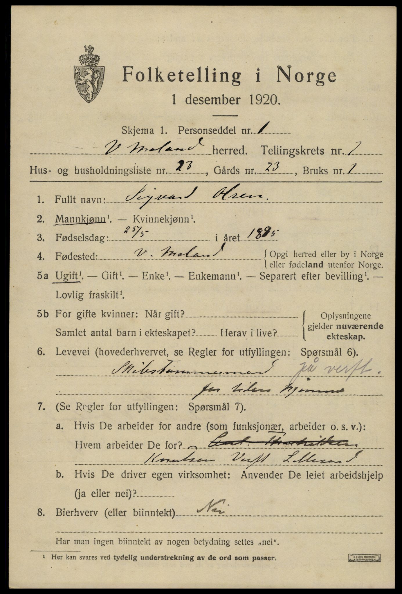 SAK, 1920 census for Vestre Moland, 1920, p. 4767