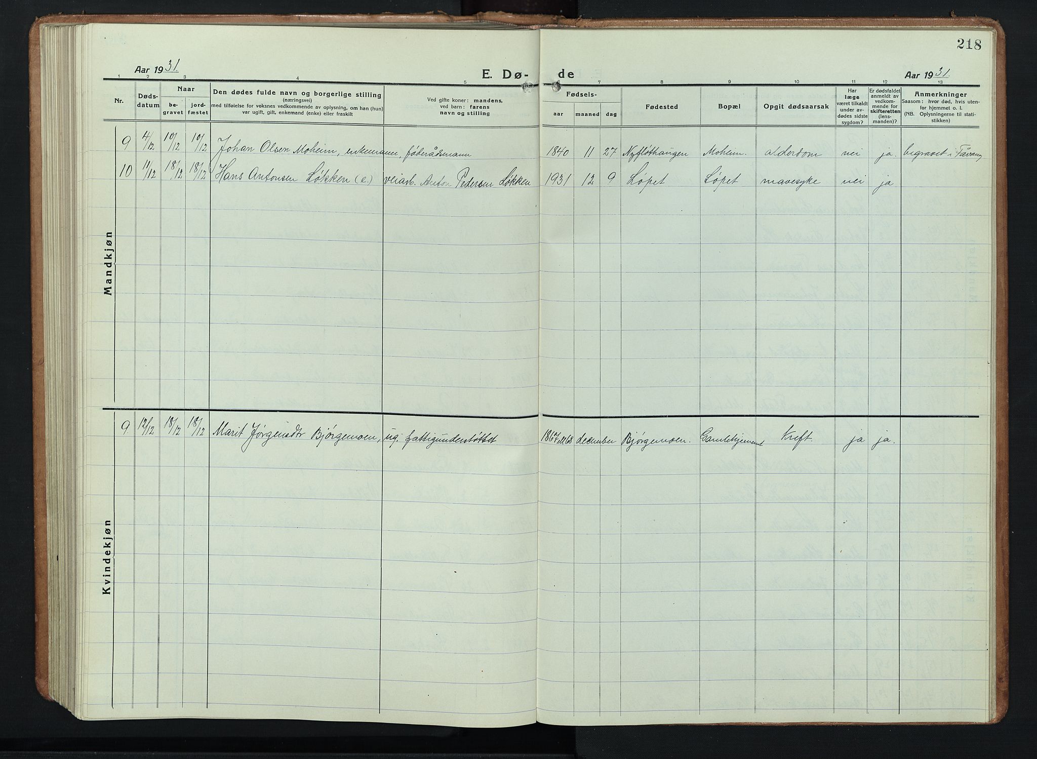 Ringebu prestekontor, SAH/PREST-082/H/Ha/Hab/L0011: Parish register (copy) no. 11, 1921-1943, p. 218