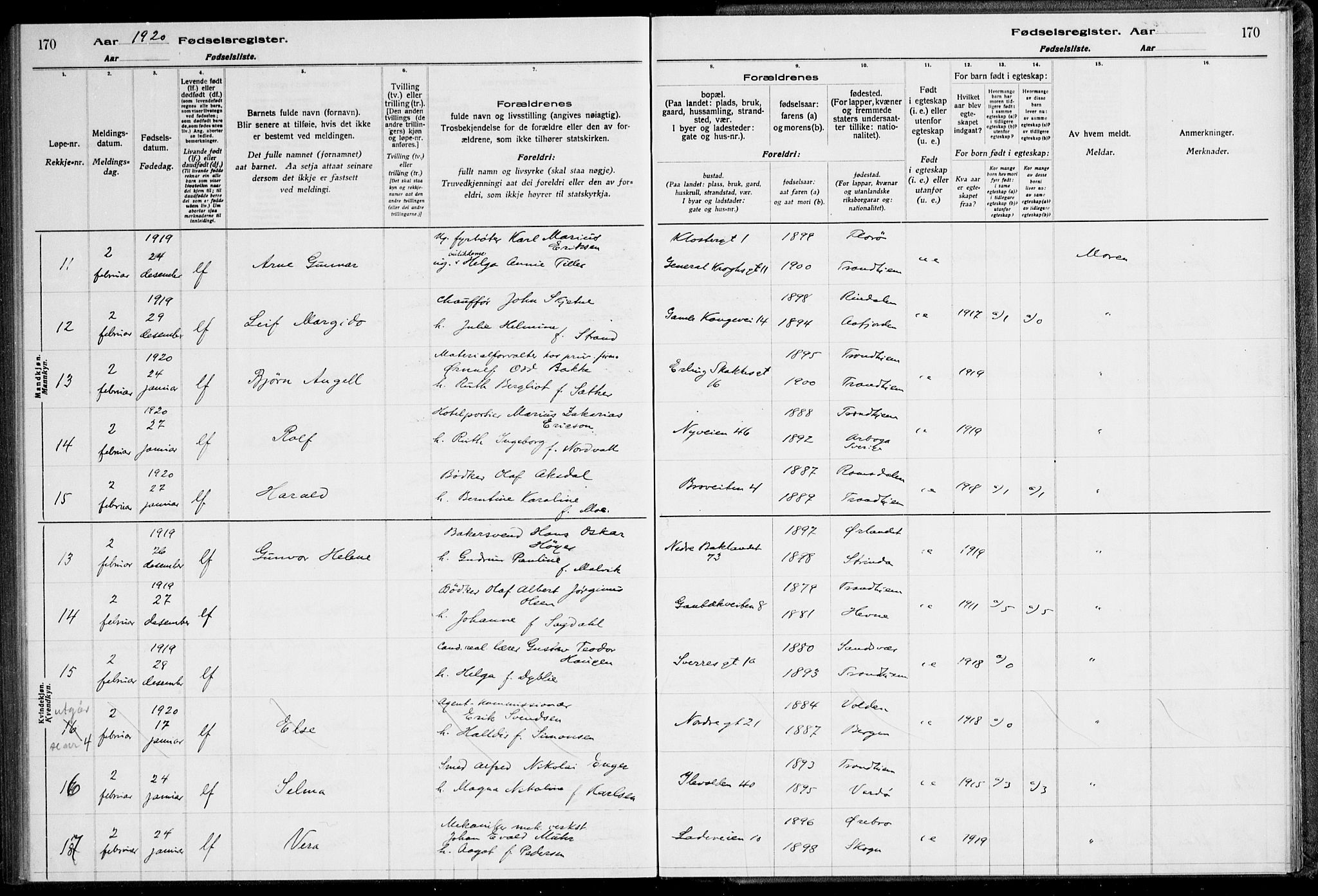 Ministerialprotokoller, klokkerbøker og fødselsregistre - Sør-Trøndelag, AV/SAT-A-1456/600/L0002: Birth register no. 600.II.4.1, 1916-1920, p. 170