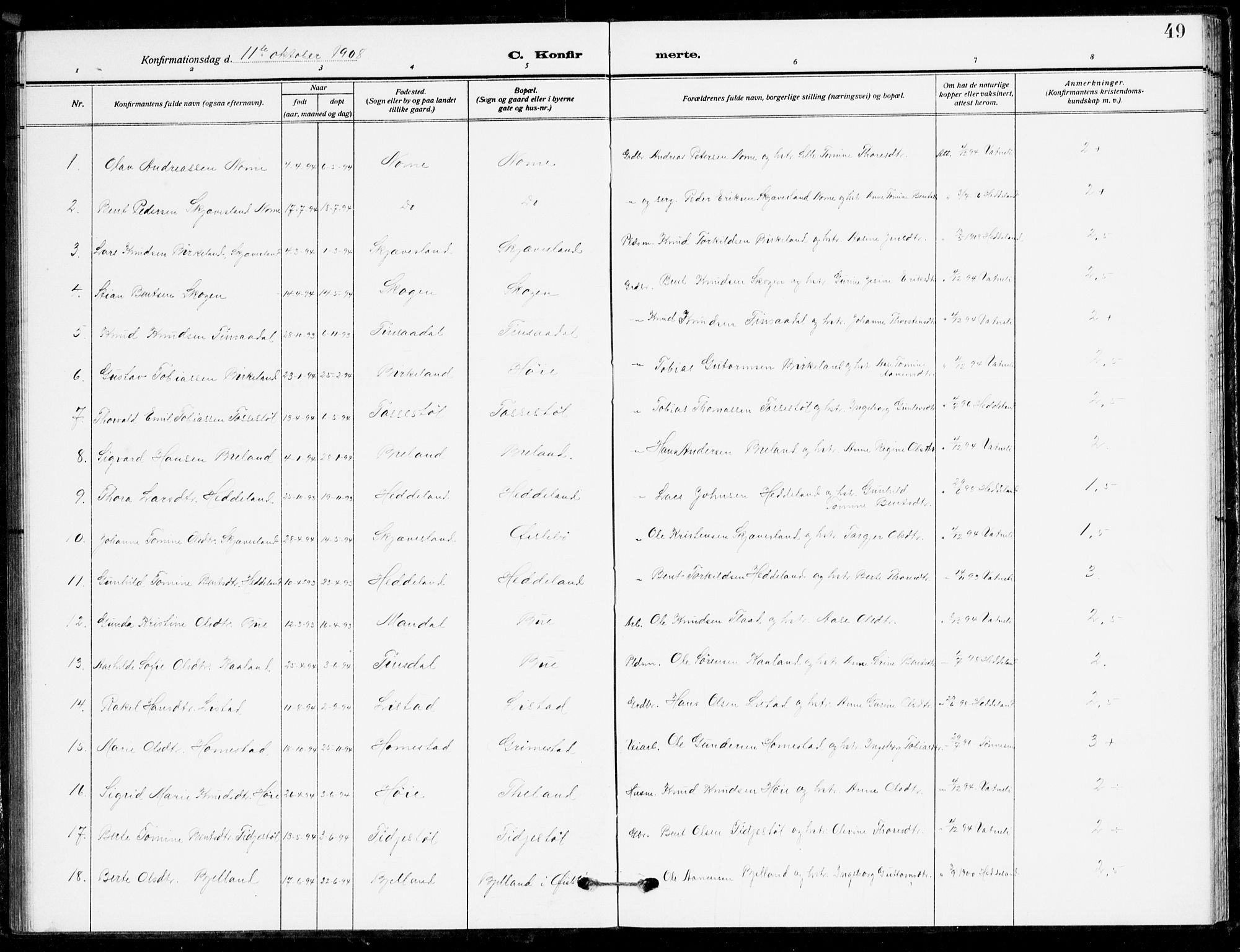 Holum sokneprestkontor, AV/SAK-1111-0022/F/Fb/Fbc/L0004: Parish register (copy) no. B 4, 1908-1930, p. 49