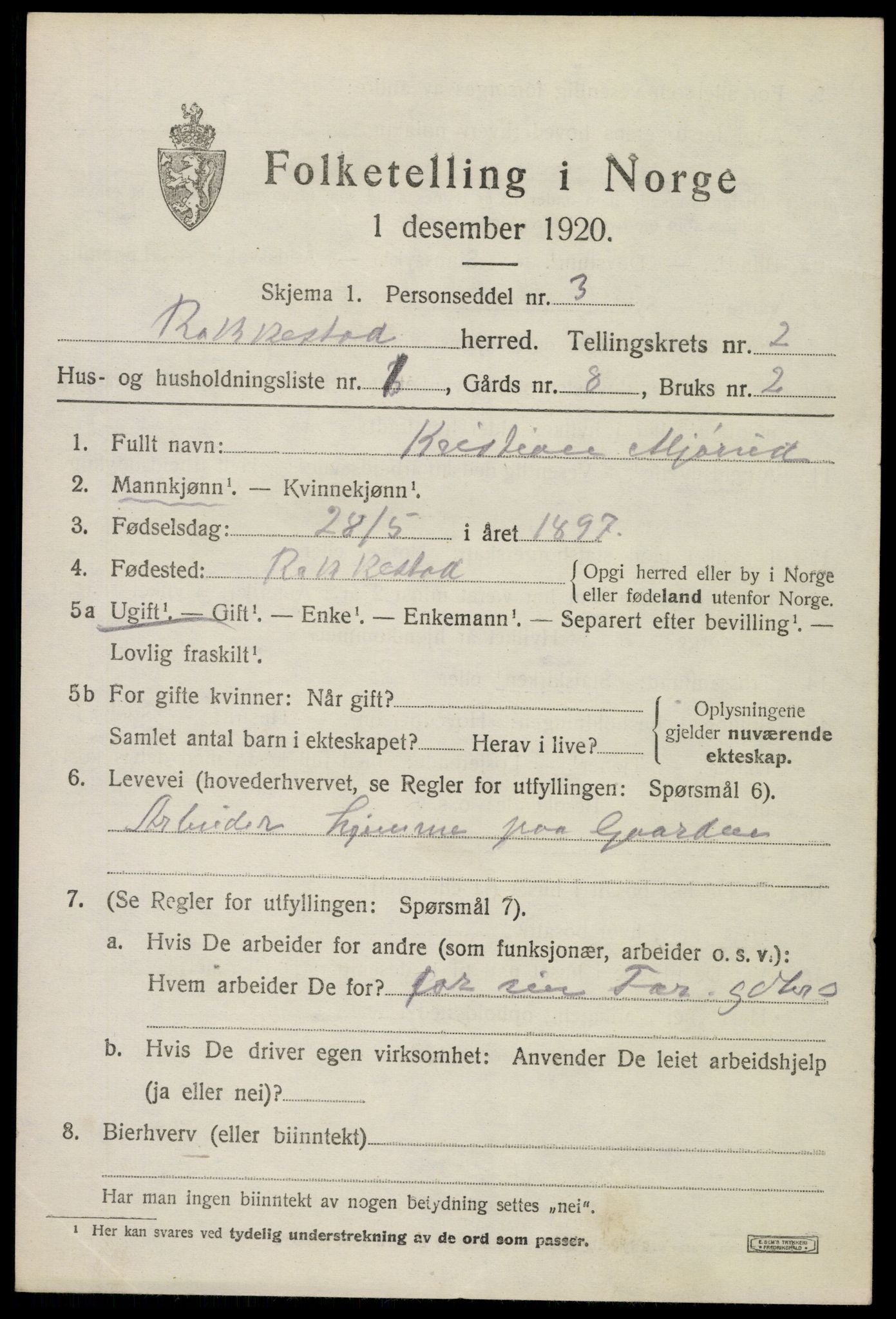 SAO, 1920 census for Rakkestad, 1920, p. 3379