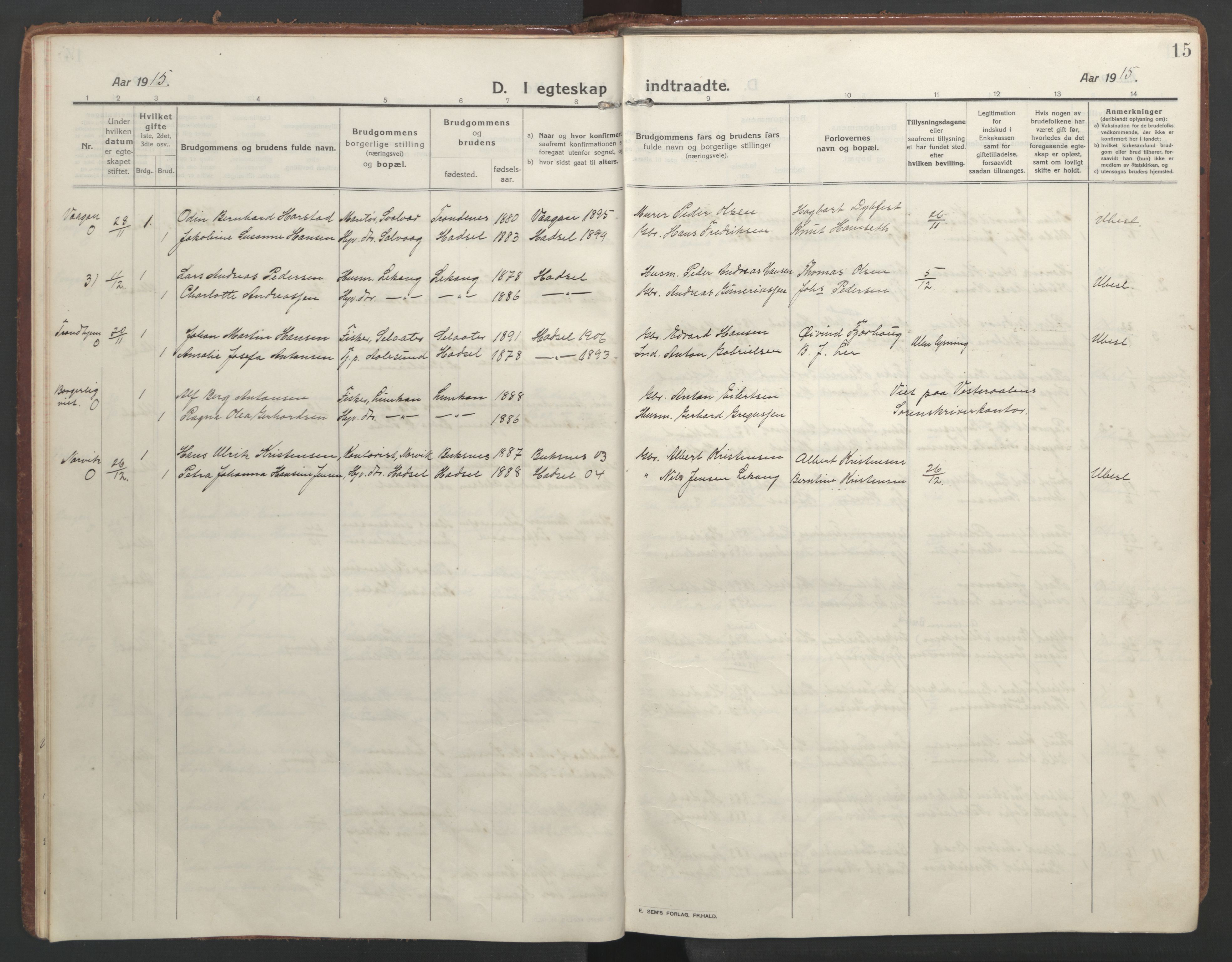 Ministerialprotokoller, klokkerbøker og fødselsregistre - Nordland, AV/SAT-A-1459/888/L1251: Parish register (official) no. 888A17, 1913-1925, p. 15