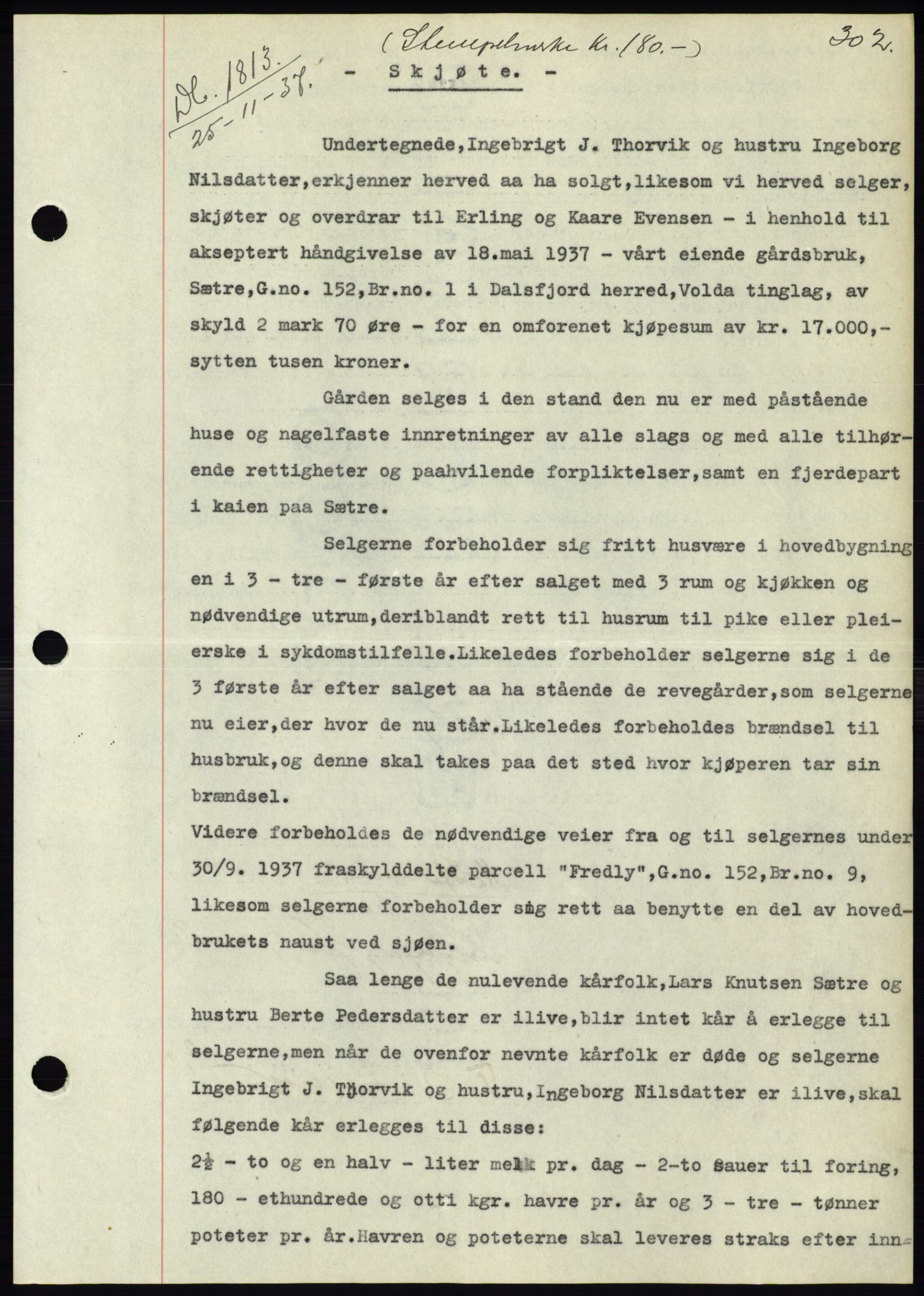 Søre Sunnmøre sorenskriveri, AV/SAT-A-4122/1/2/2C/L0064: Mortgage book no. 58, 1937-1938, Diary no: : 1813/1937