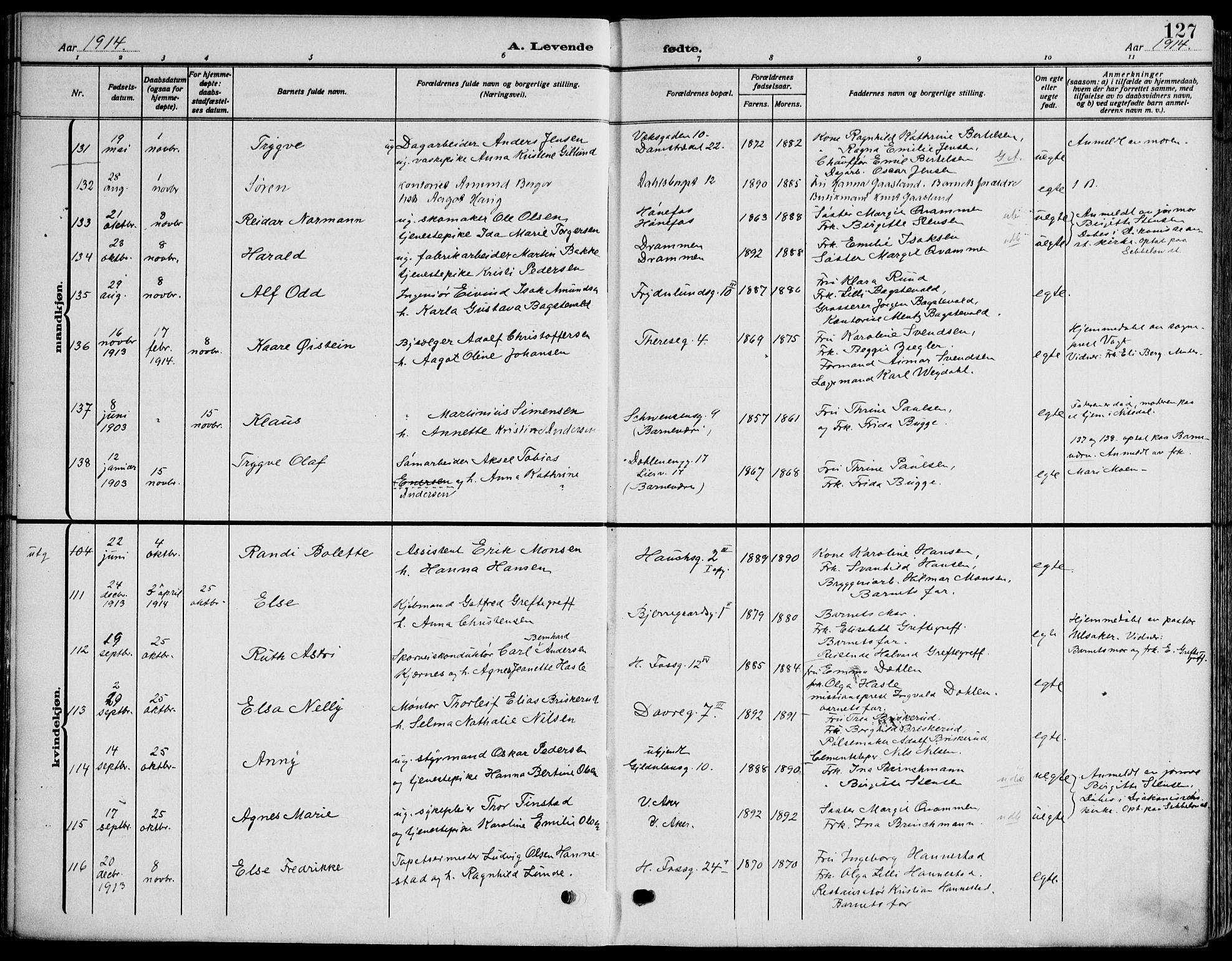 Gamle Aker prestekontor Kirkebøker, SAO/A-10617a/F/L0014: Parish register (official) no. 14, 1909-1924, p. 127