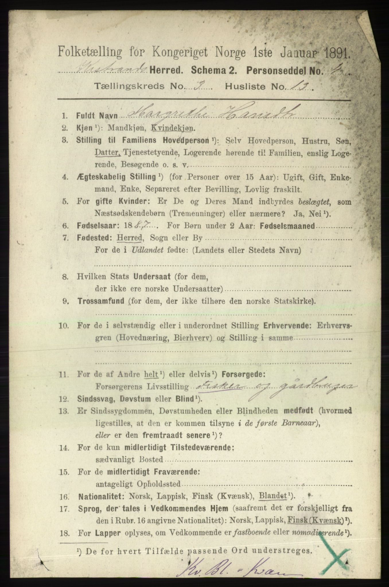 RA, 1891 census for 2020 Kistrand, 1891, p. 1359