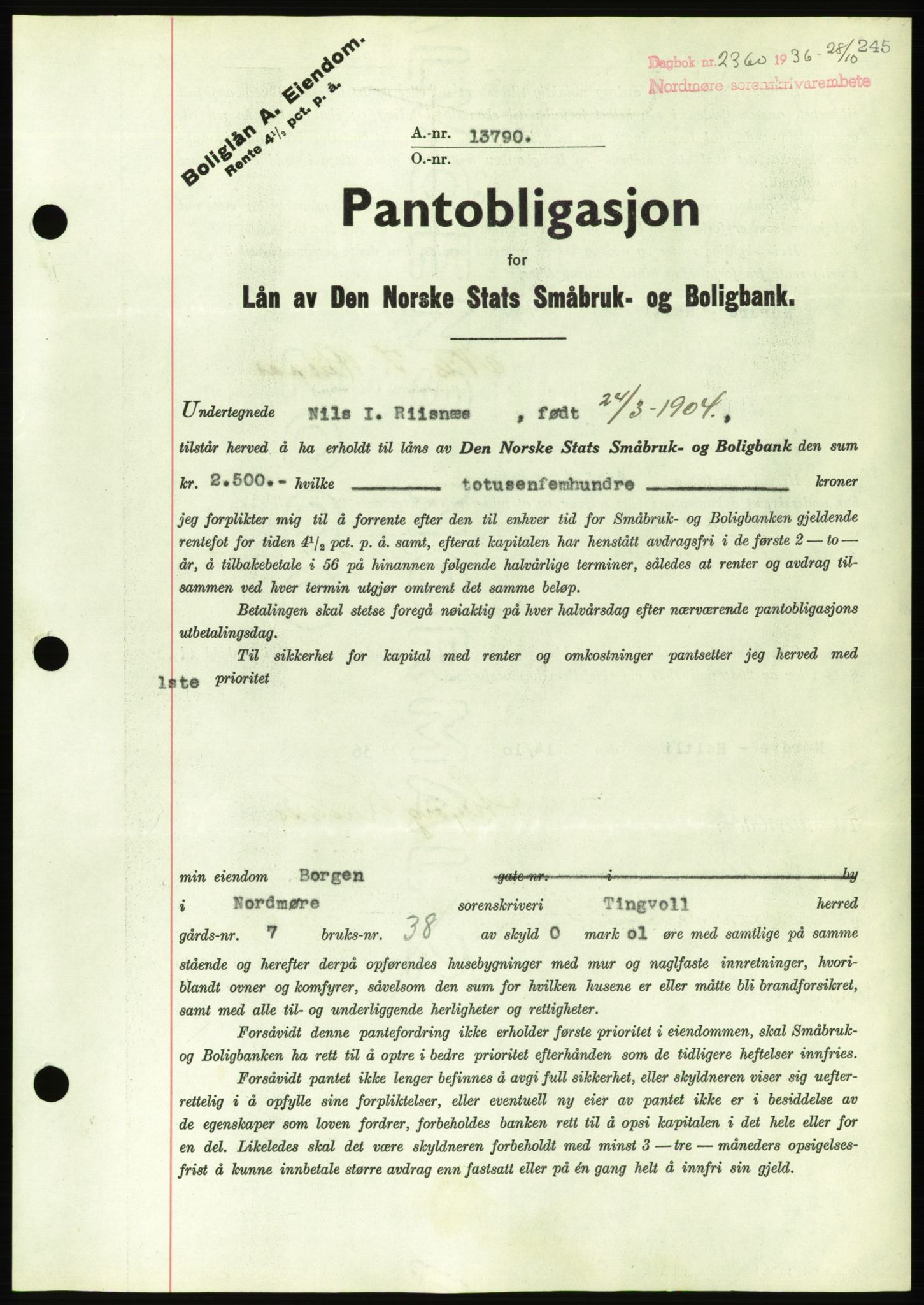 Nordmøre sorenskriveri, AV/SAT-A-4132/1/2/2Ca/L0090: Mortgage book no. B80, 1936-1937, Diary no: : 2360/1936