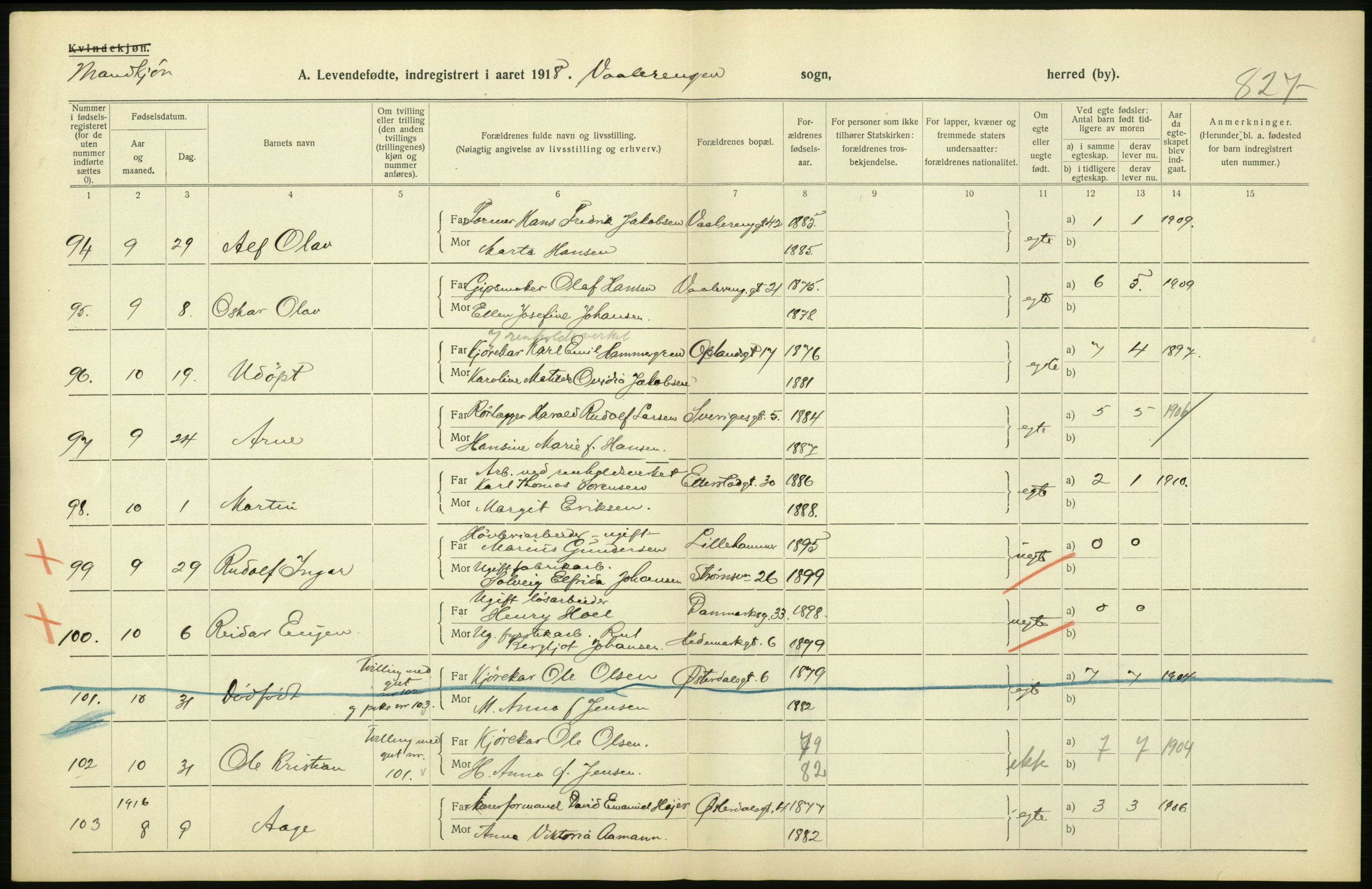 Statistisk sentralbyrå, Sosiodemografiske emner, Befolkning, AV/RA-S-2228/D/Df/Dfb/Dfbh/L0008: Kristiania: Levendefødte menn og kvinner., 1918, p. 384