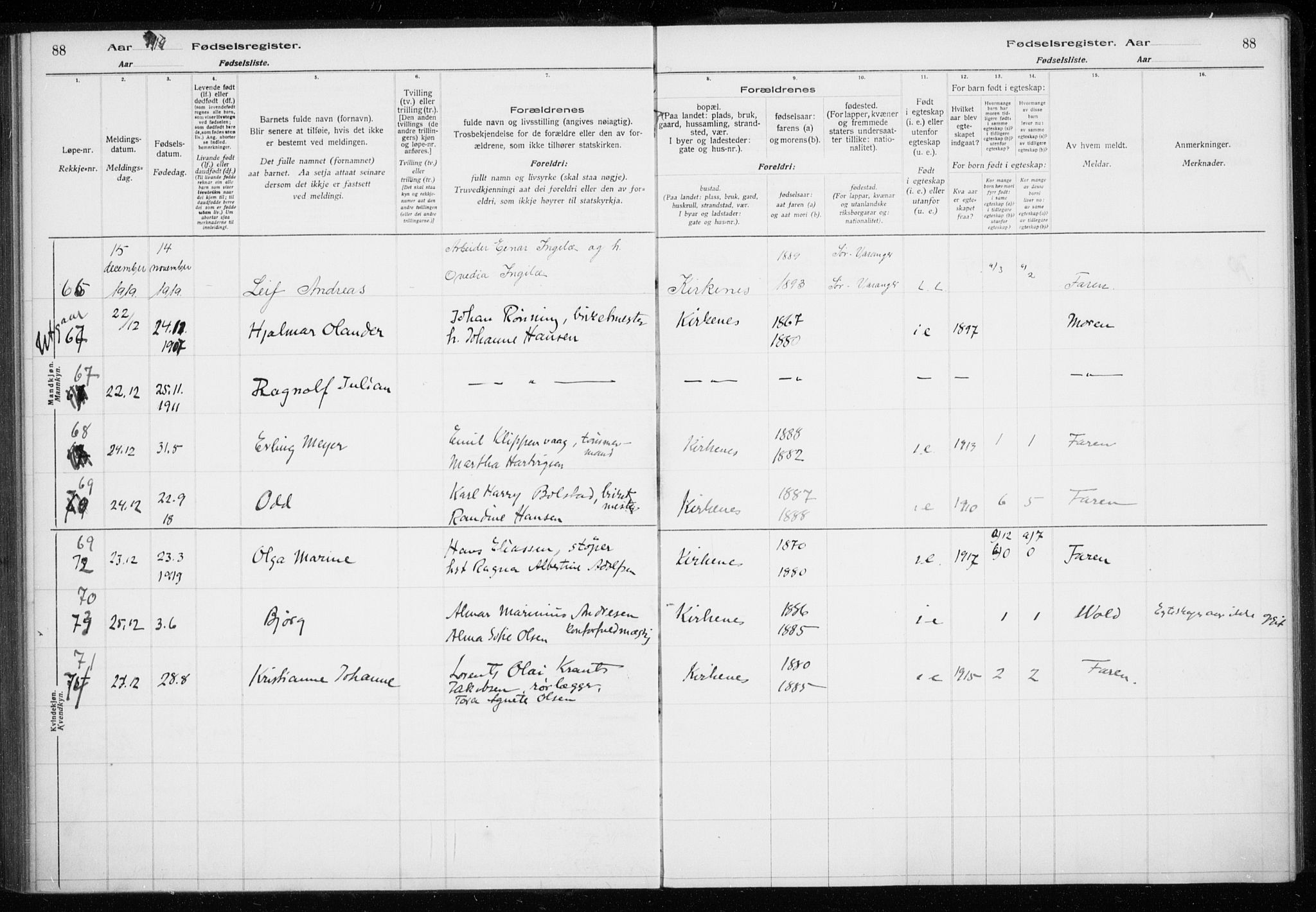 Sør-Varanger sokneprestkontor, AV/SATØ-S-1331/I/Ia/L0016: Birth register no. 16, 1915-1925, p. 88