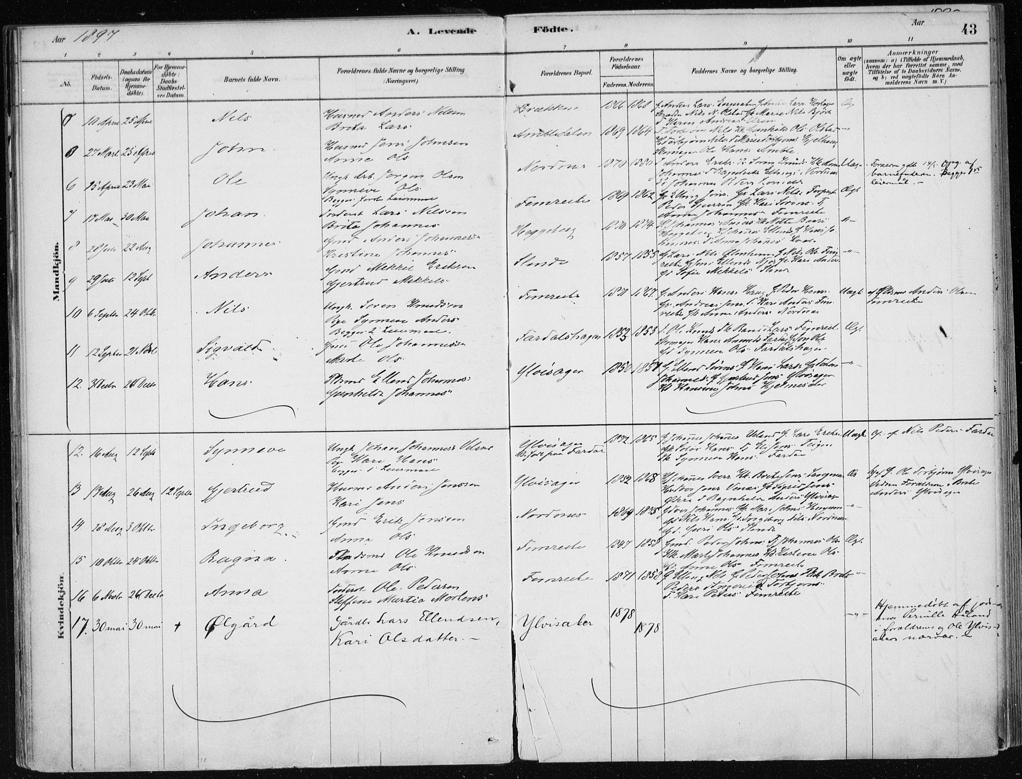 Sogndal sokneprestembete, AV/SAB-A-81301/H/Haa/Haac/L0001: Parish register (official) no. C 1, 1878-1907, p. 43