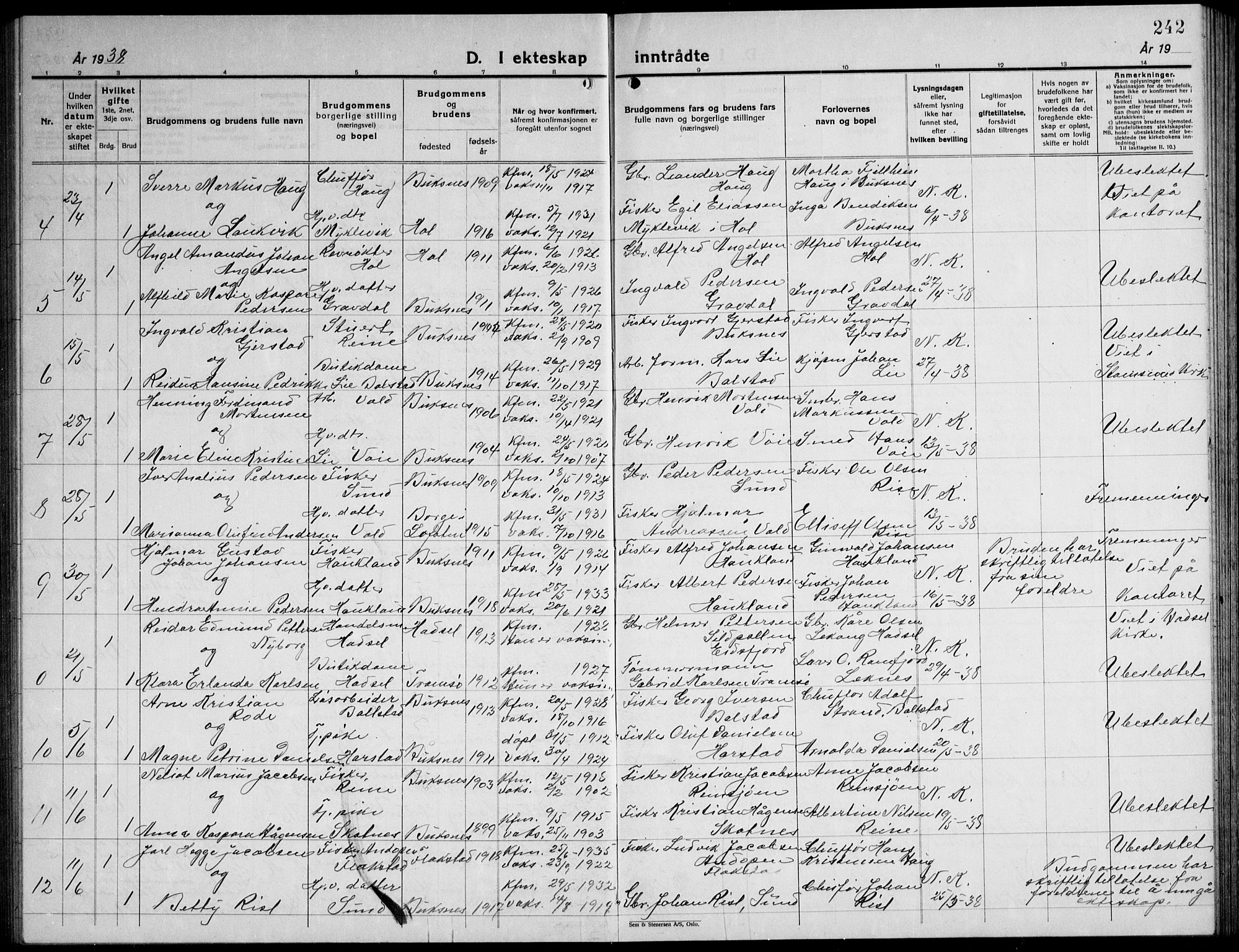 Ministerialprotokoller, klokkerbøker og fødselsregistre - Nordland, SAT/A-1459/881/L1170: Parish register (copy) no. 881C07, 1930-1943, p. 242