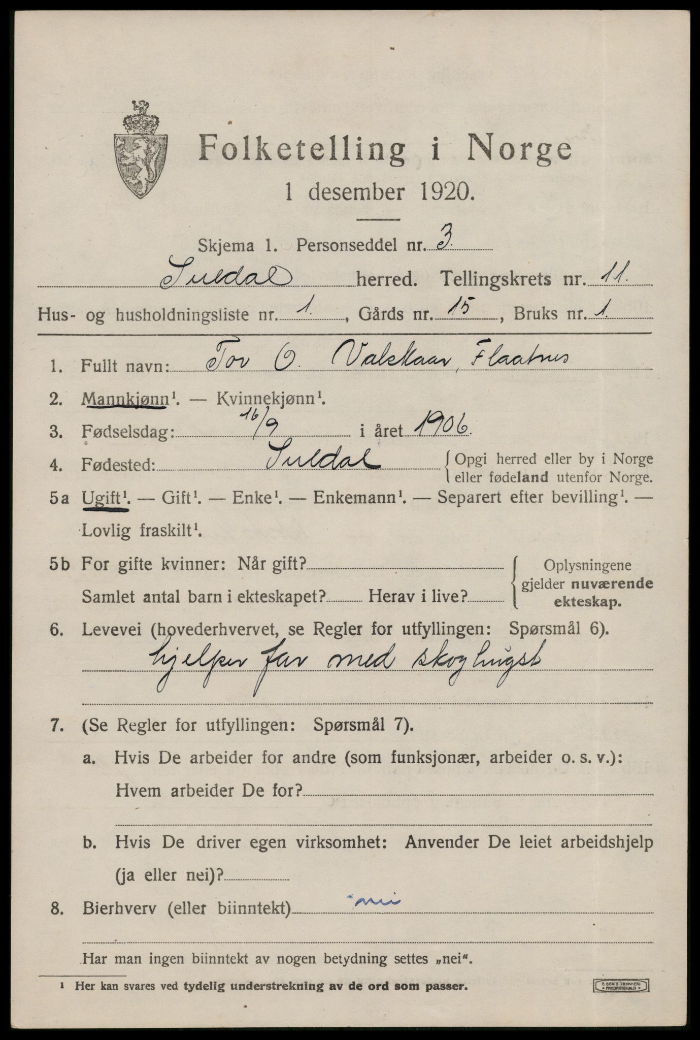 SAST, 1920 census for Suldal, 1920, p. 3236