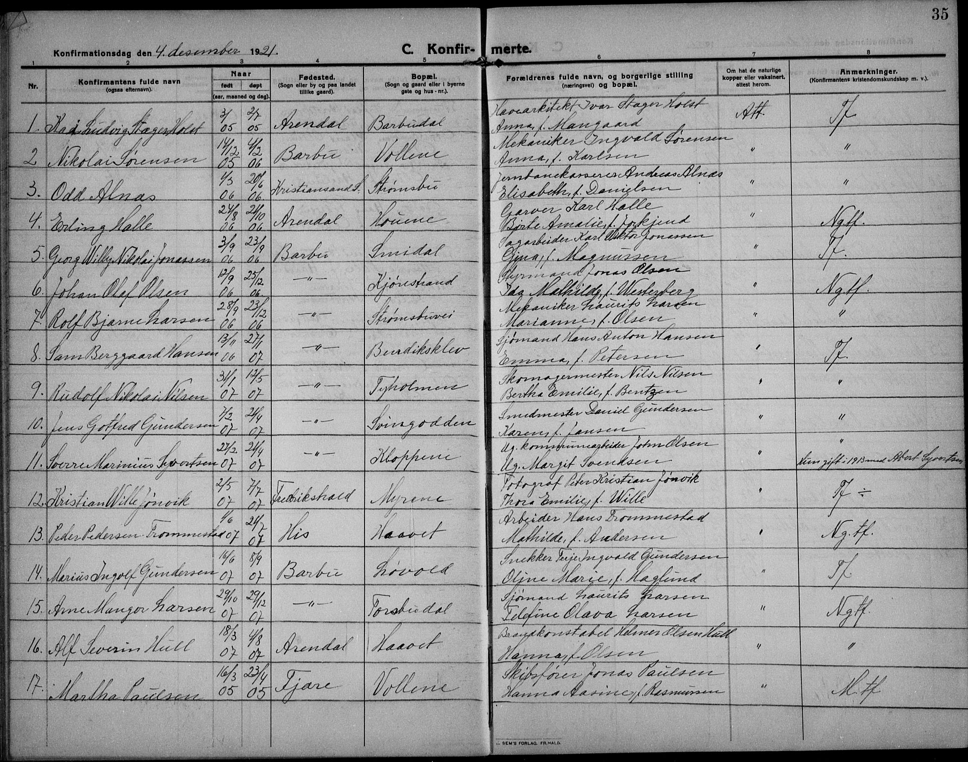 Barbu sokneprestkontor, AV/SAK-1111-0003/F/Fb/L0004: Parish register (copy) no. B 4, 1911-1936, p. 35