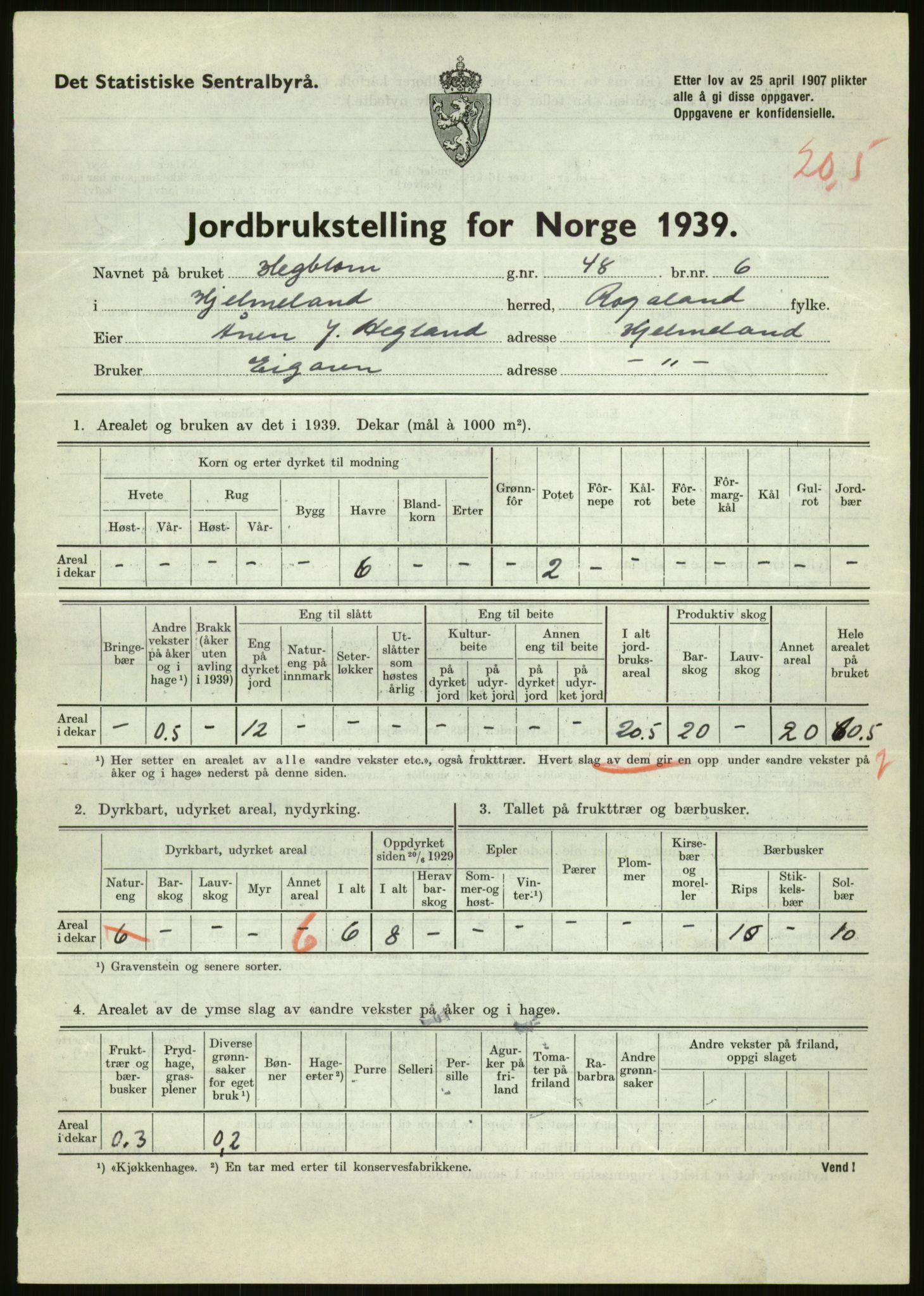 Statistisk sentralbyrå, Næringsøkonomiske emner, Jordbruk, skogbruk, jakt, fiske og fangst, AV/RA-S-2234/G/Gb/L0184: Rogaland: Årdal, Fister og Hjelmeland, 1939, p. 1287