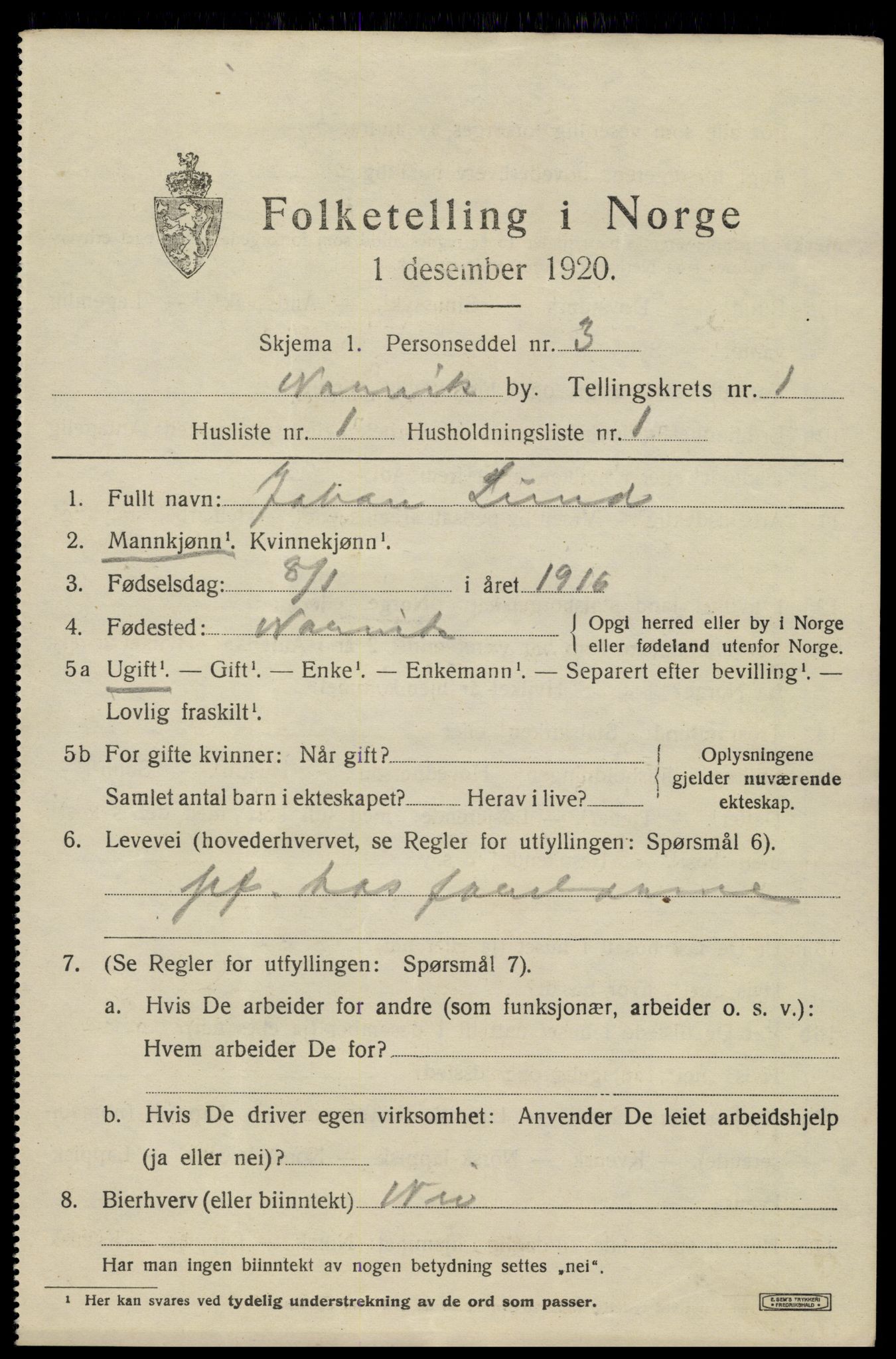 SAT, 1920 census for Narvik, 1920, p. 3990