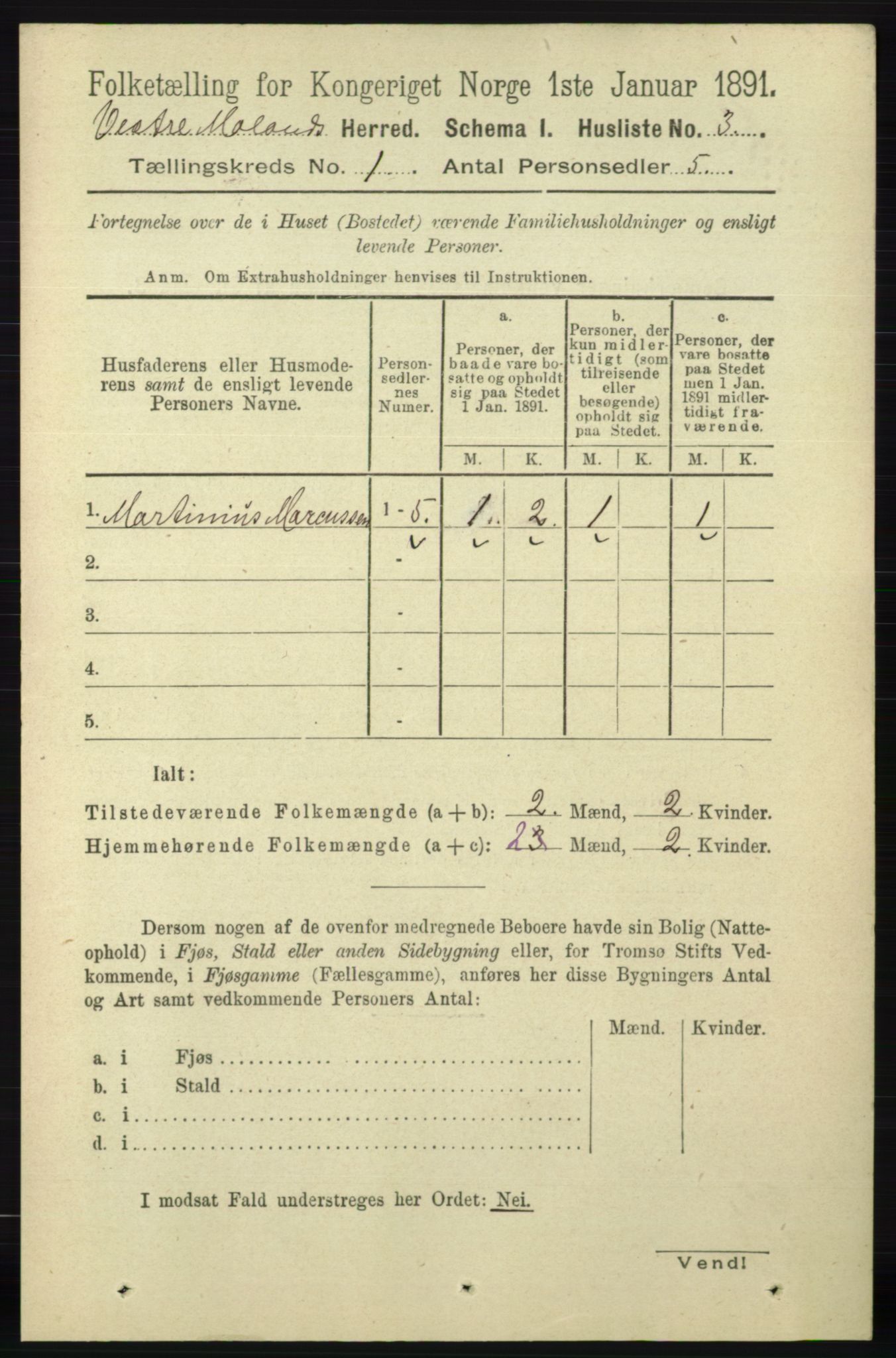 RA, 1891 census for 0926 Vestre Moland, 1891, p. 26