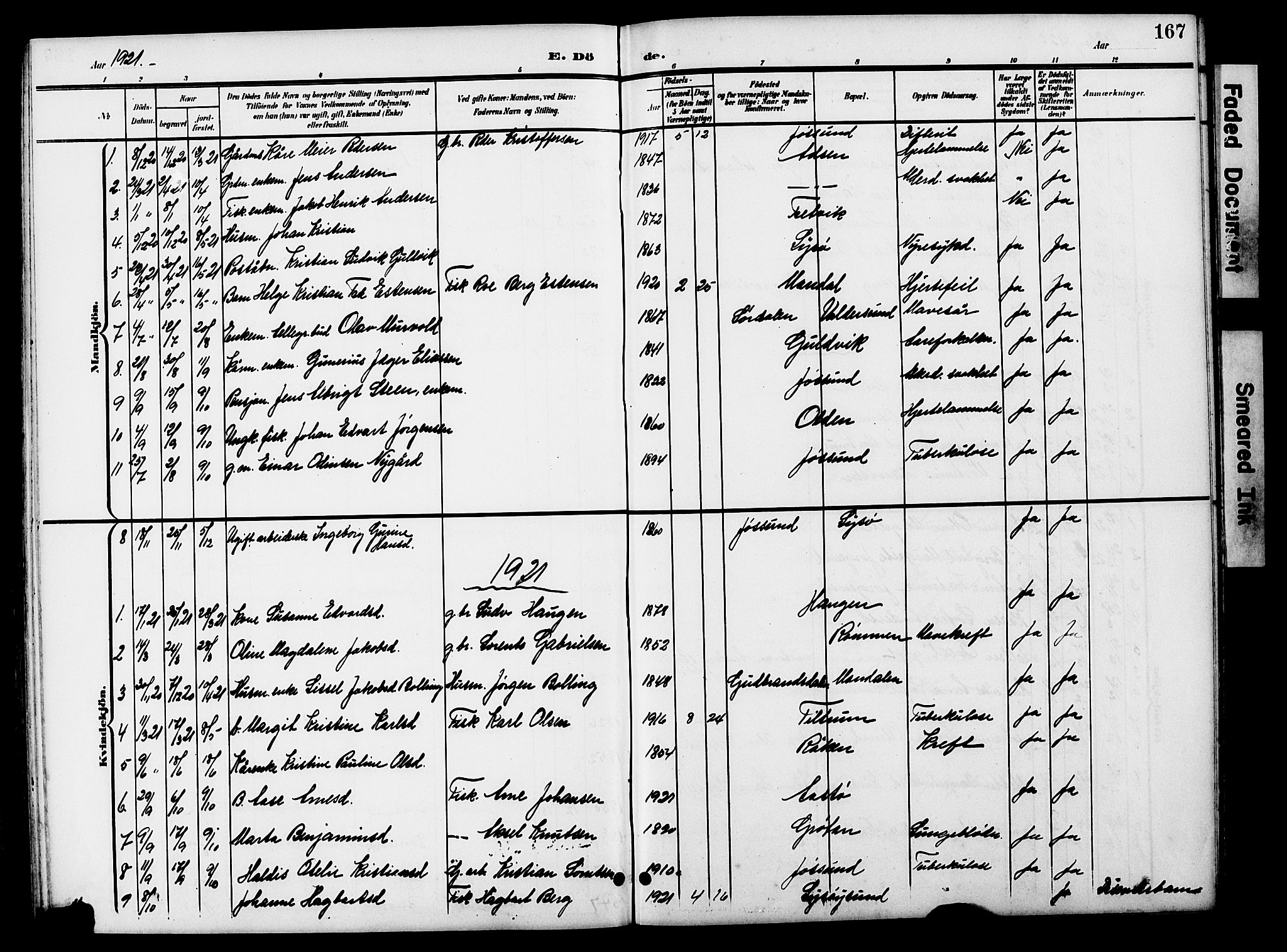 Ministerialprotokoller, klokkerbøker og fødselsregistre - Sør-Trøndelag, AV/SAT-A-1456/654/L0666: Parish register (copy) no. 654C02, 1901-1925, p. 167