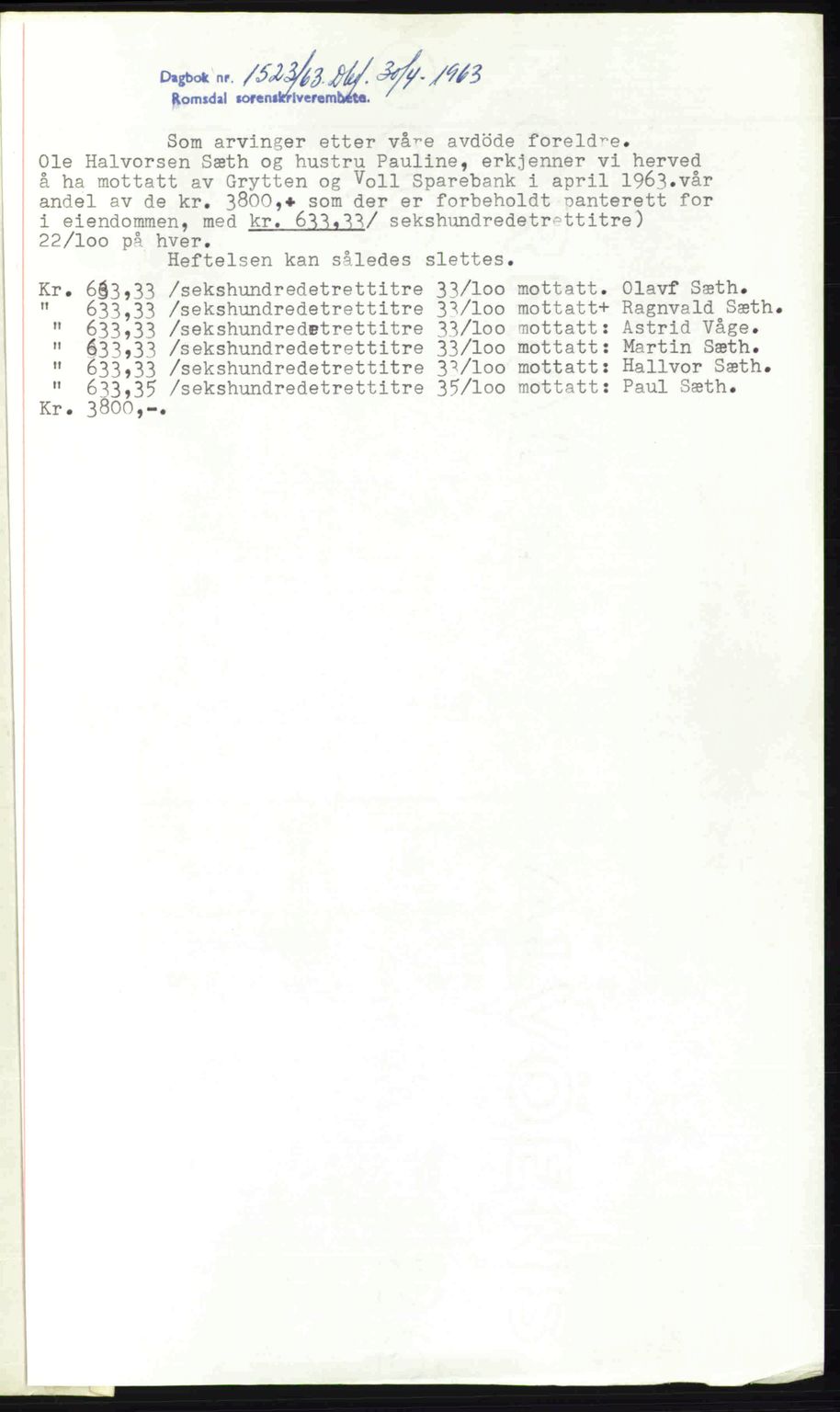 Romsdal sorenskriveri, AV/SAT-A-4149/1/2/2C: Mortgage book no. A21, 1946-1946, Diary no: : 2922/1946