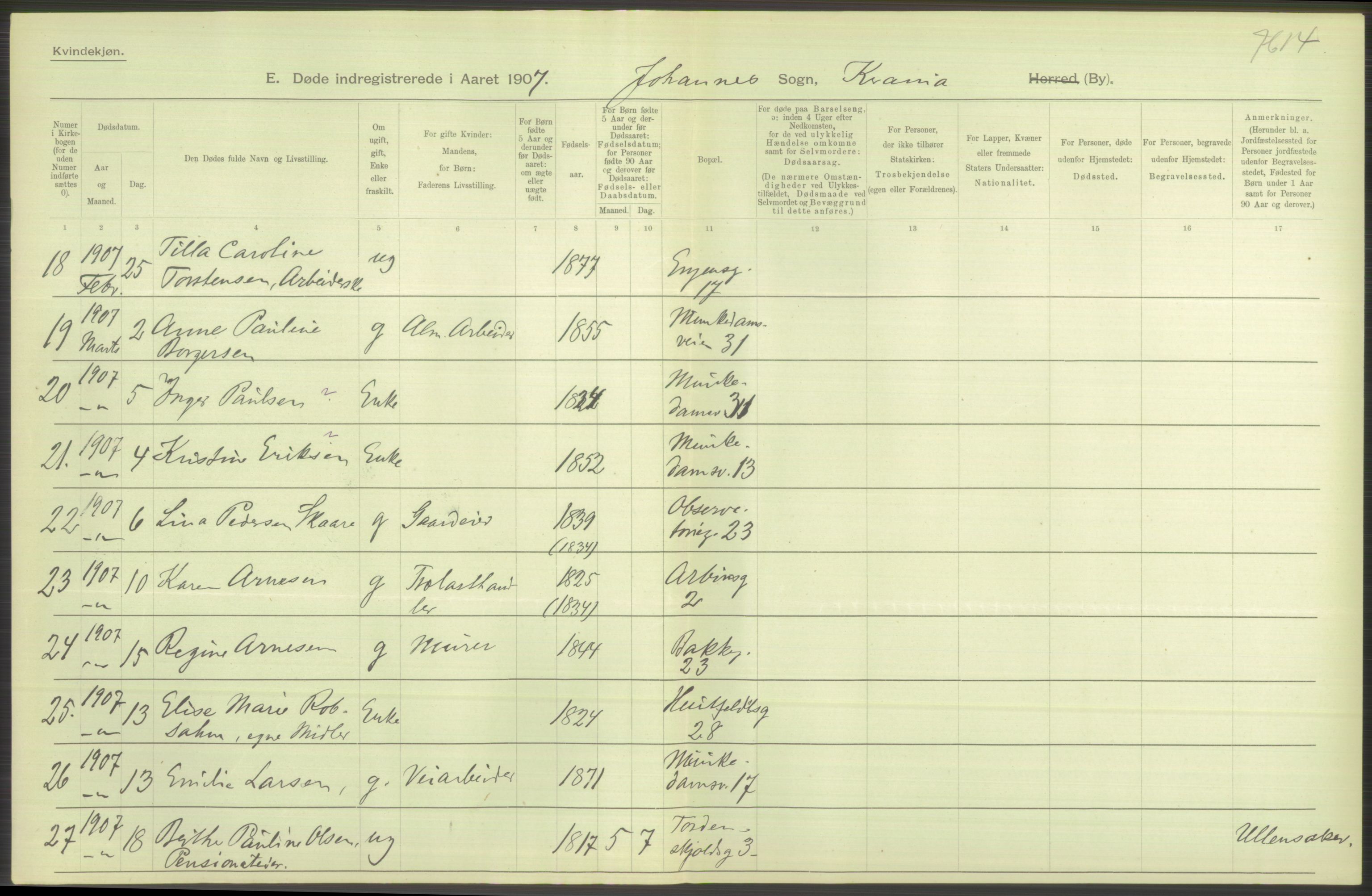 Statistisk sentralbyrå, Sosiodemografiske emner, Befolkning, AV/RA-S-2228/D/Df/Dfa/Dfae/L0009: Kristiania: Døde, 1907, p. 20