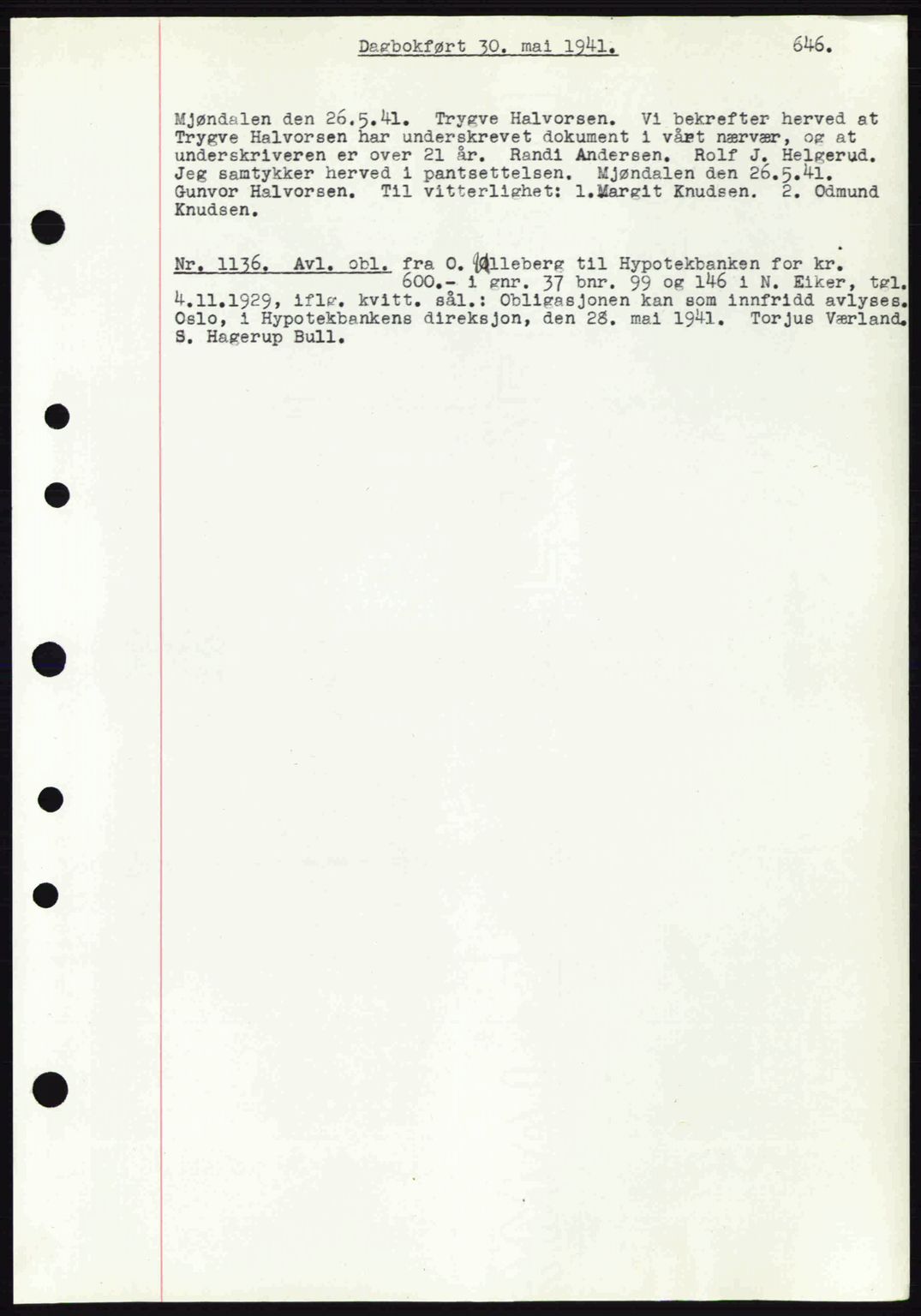 Eiker, Modum og Sigdal sorenskriveri, SAKO/A-123/G/Ga/Gab/L0043: Mortgage book no. A13, 1940-1941, Diary no: : 1136/1941