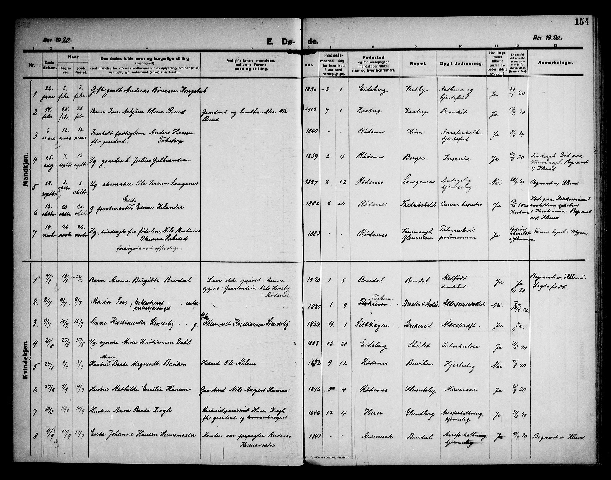 Rødenes prestekontor Kirkebøker, SAO/A-2005/F/Fa/L0012: Parish register (official) no. I 12, 1911-1926, p. 154