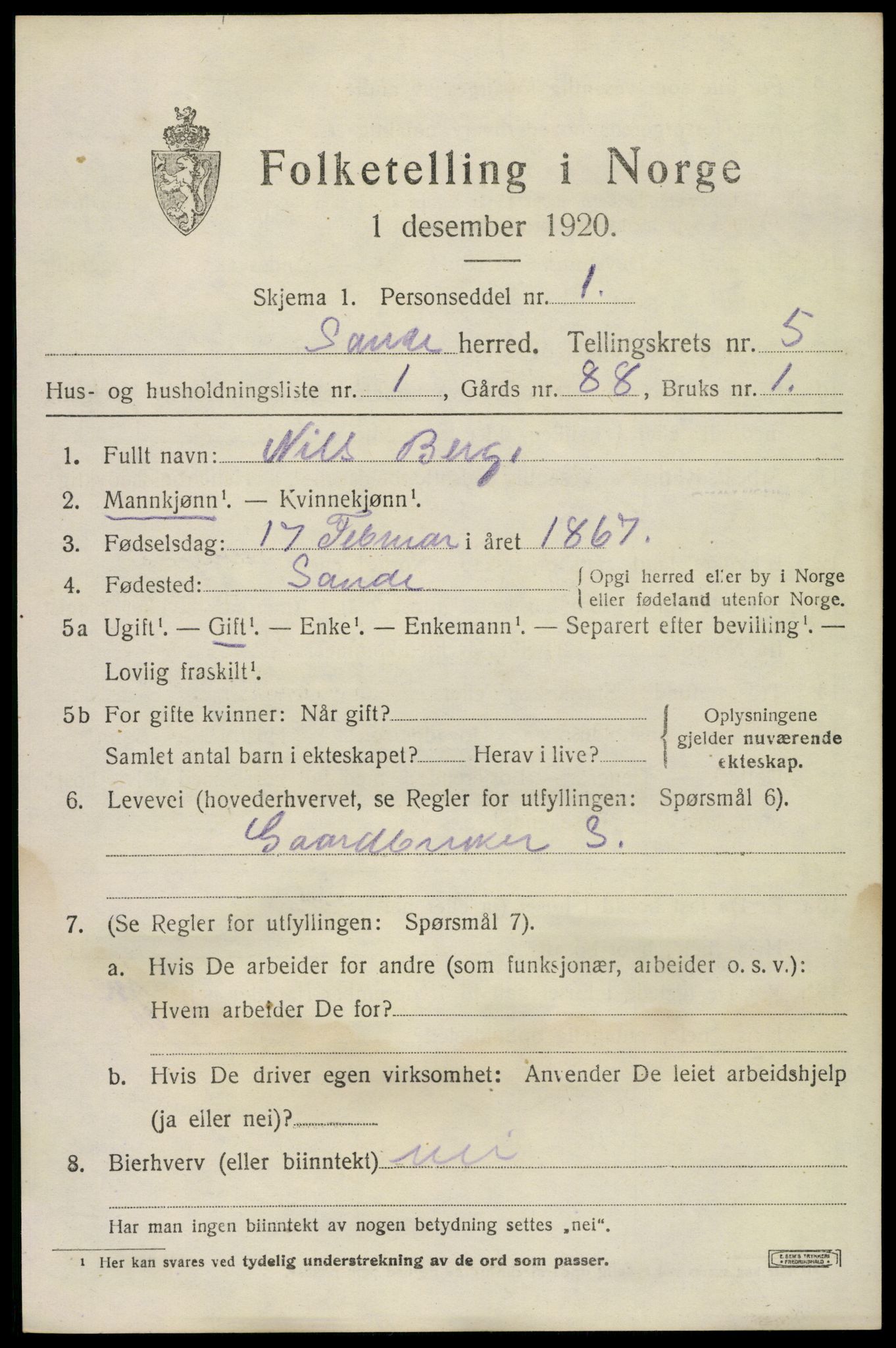 SAKO, 1920 census for Sande, 1920, p. 6134