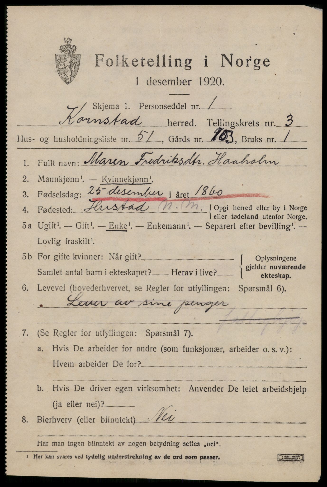 SAT, 1920 census for Kornstad, 1920, p. 2497