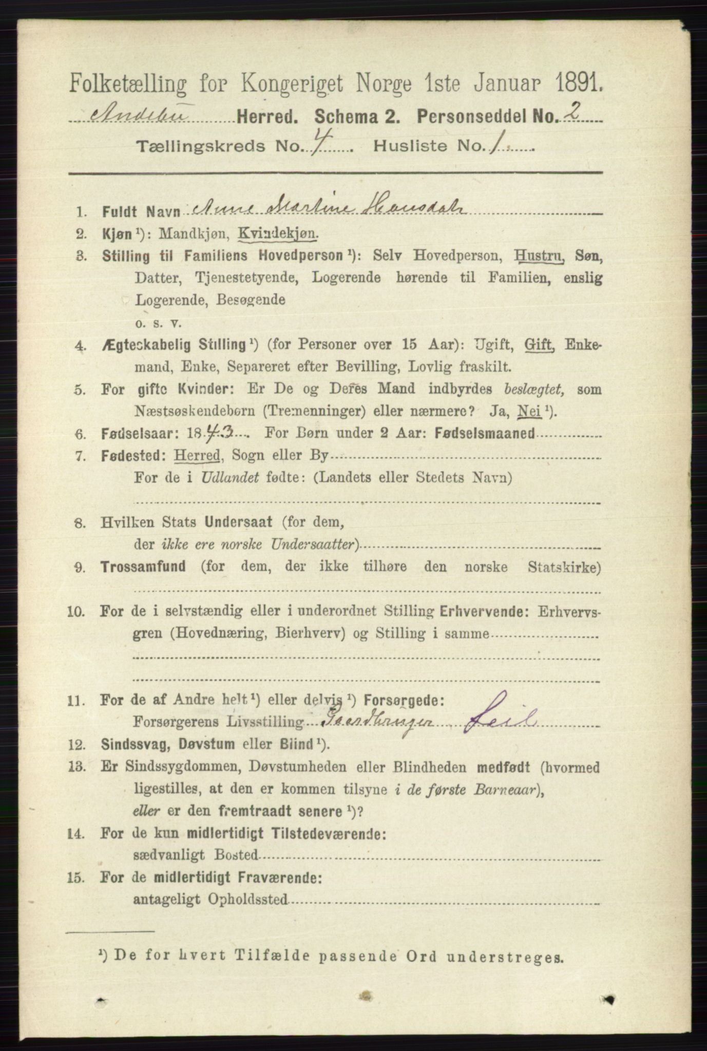 RA, 1891 census for 0719 Andebu, 1891, p. 2039