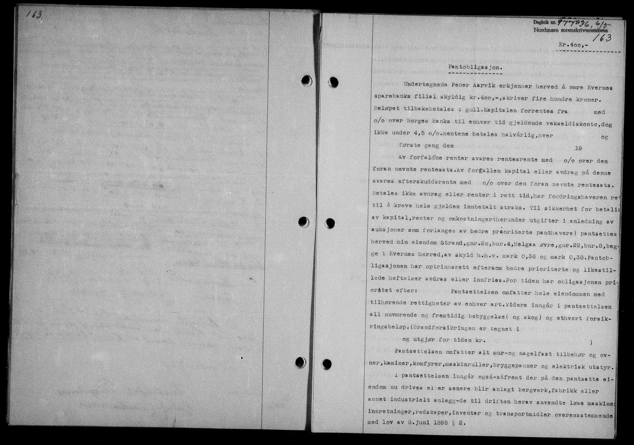 Nordmøre sorenskriveri, AV/SAT-A-4132/1/2/2Ca/L0088: Mortgage book no. 78, 1936-1936, Diary no: : 977/1936