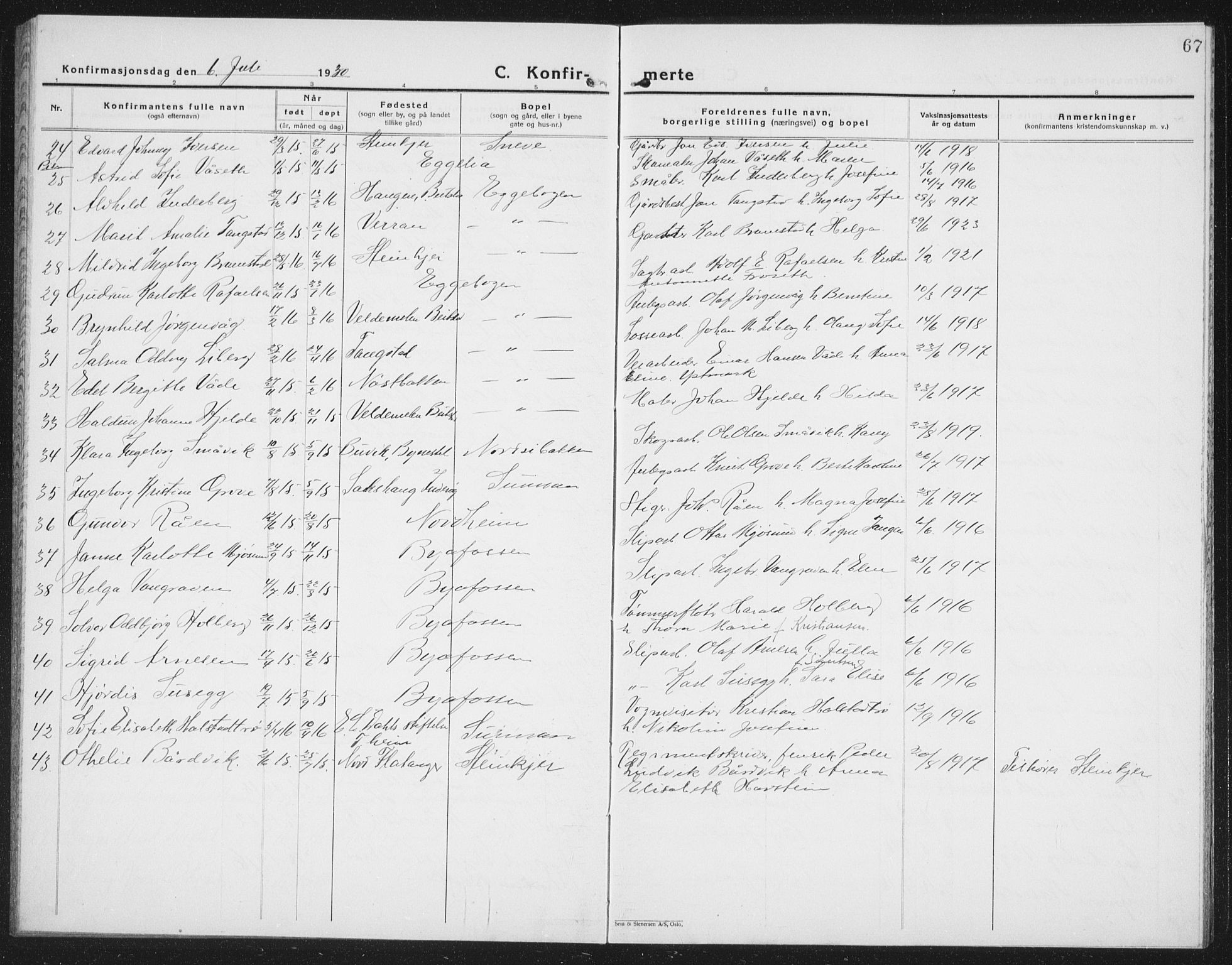 Ministerialprotokoller, klokkerbøker og fødselsregistre - Nord-Trøndelag, SAT/A-1458/740/L0383: Parish register (copy) no. 740C04, 1927-1939, p. 67