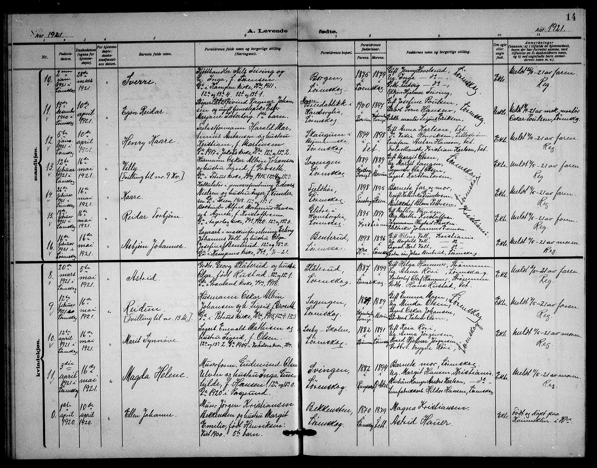 Skedsmo prestekontor Kirkebøker, AV/SAO-A-10033a/G/Gb/L0003: Parish register (copy) no. II 3, 1919-1928, p. 14