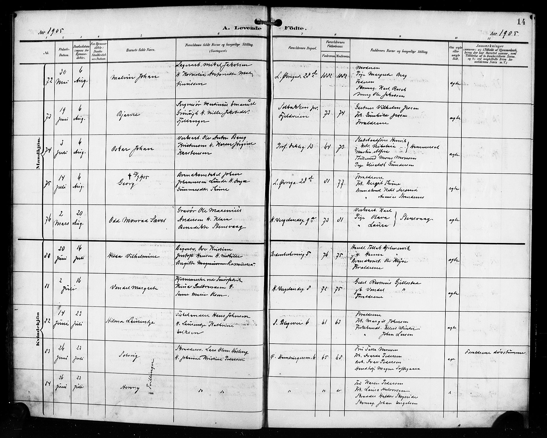 Korskirken sokneprestembete, AV/SAB-A-76101/H/Hab: Parish register (copy) no. B 11, 1905-1916, p. 14