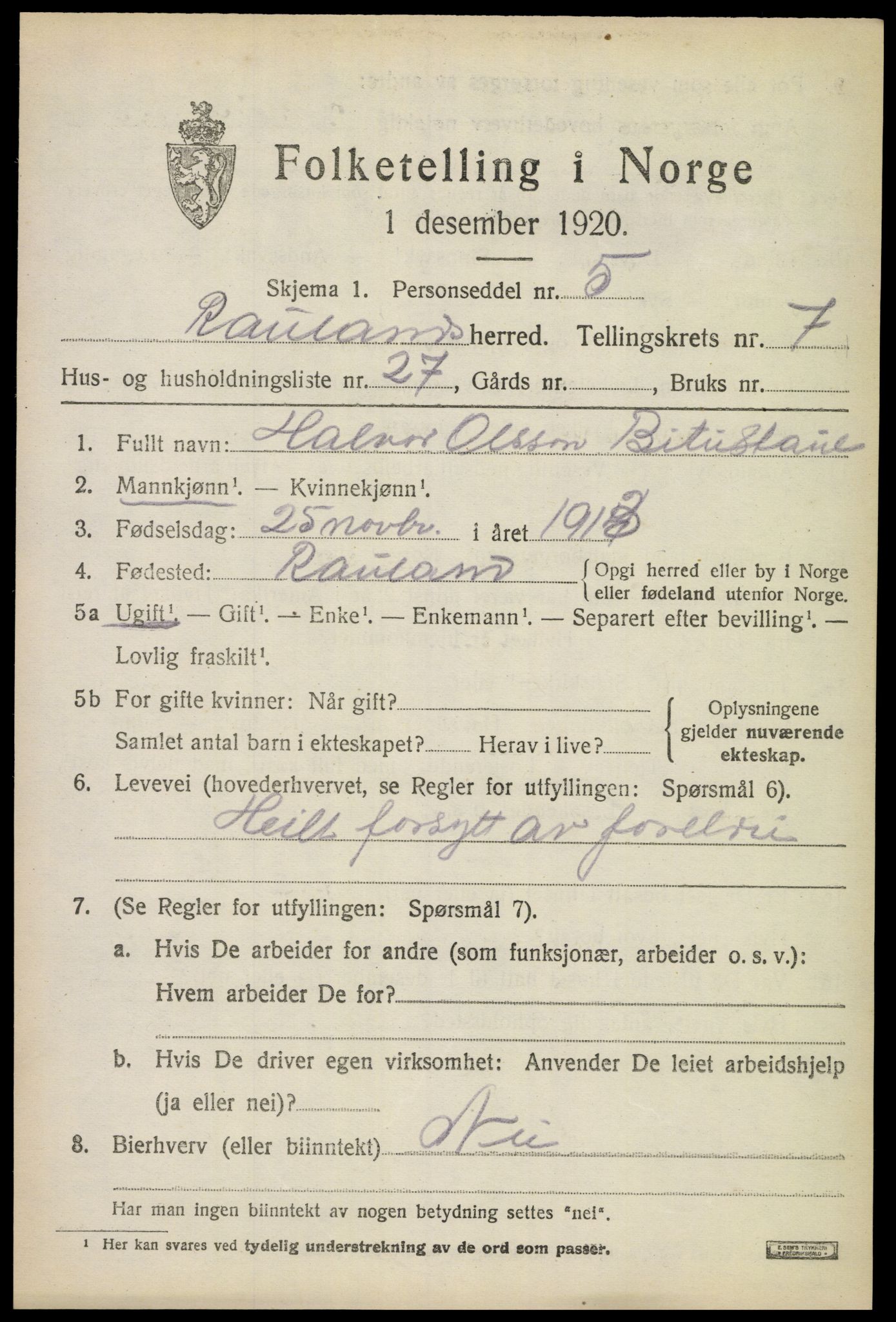 SAKO, 1920 census for Rauland, 1920, p. 1792