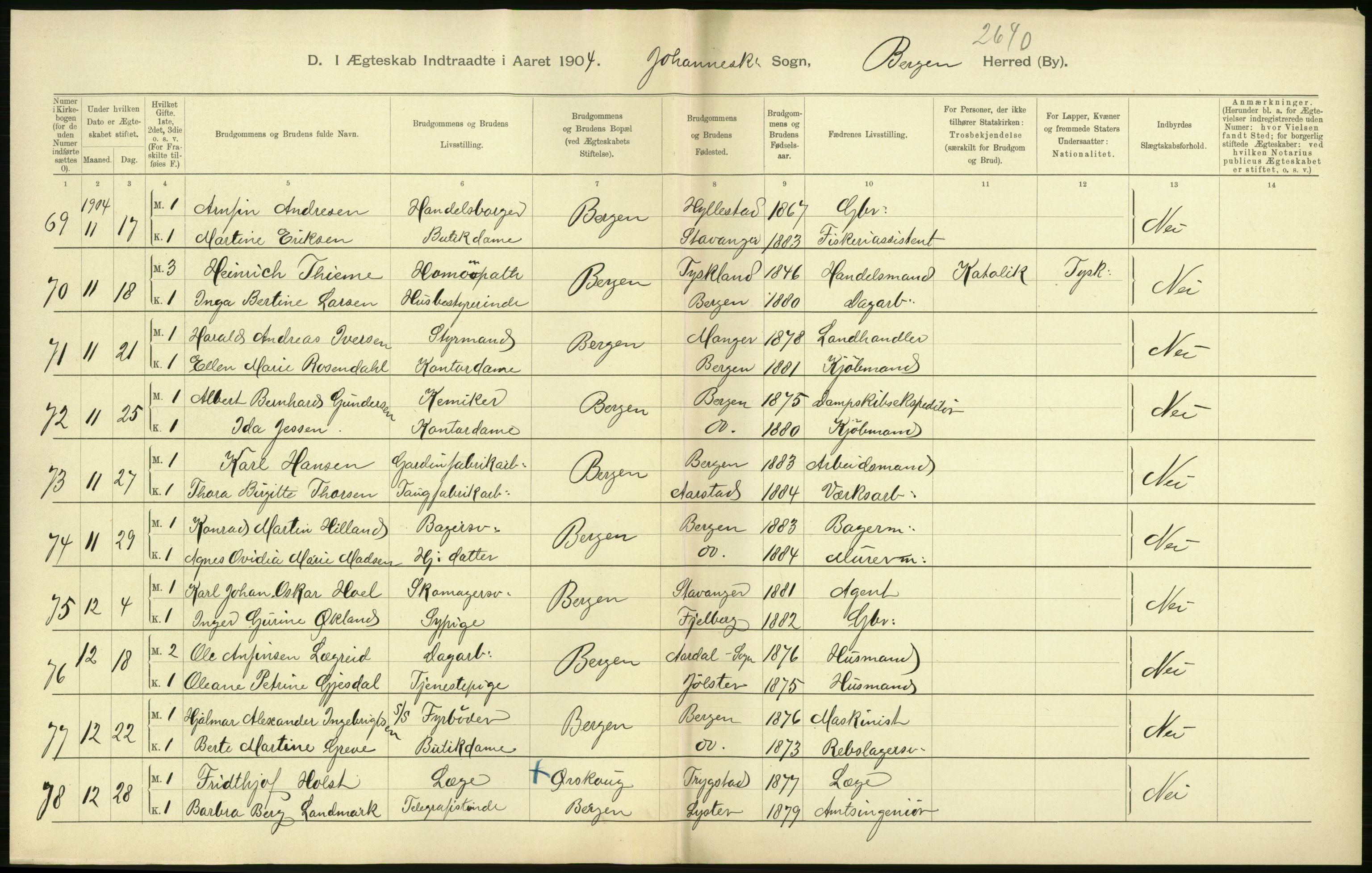 Statistisk sentralbyrå, Sosiodemografiske emner, Befolkning, RA/S-2228/D/Df/Dfa/Dfab/L0014: Bergen: Fødte, gifte, døde, 1904, p. 280