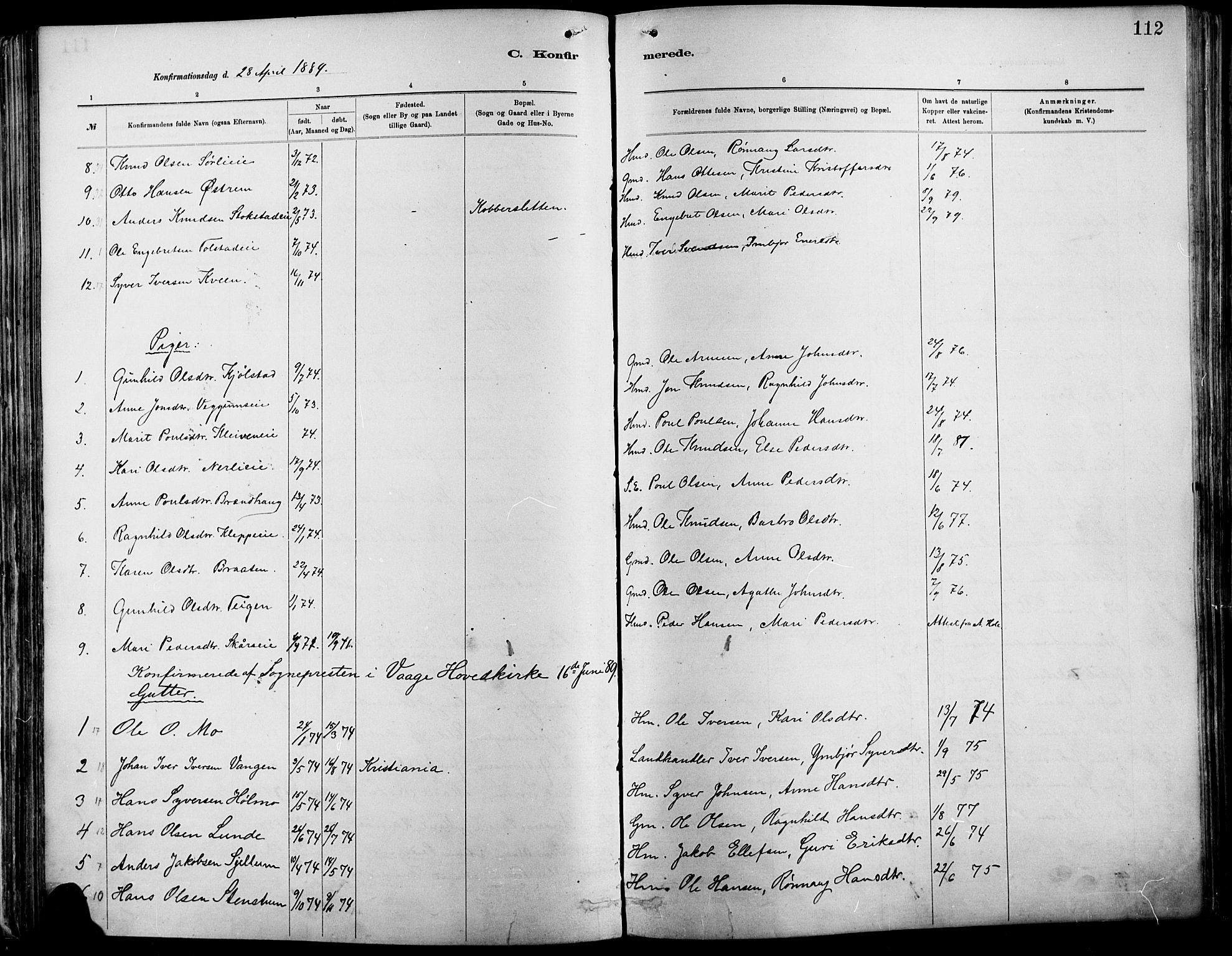Vågå prestekontor, SAH/PREST-076/H/Ha/Haa/L0009: Parish register (official) no. 9, 1886-1904, p. 112