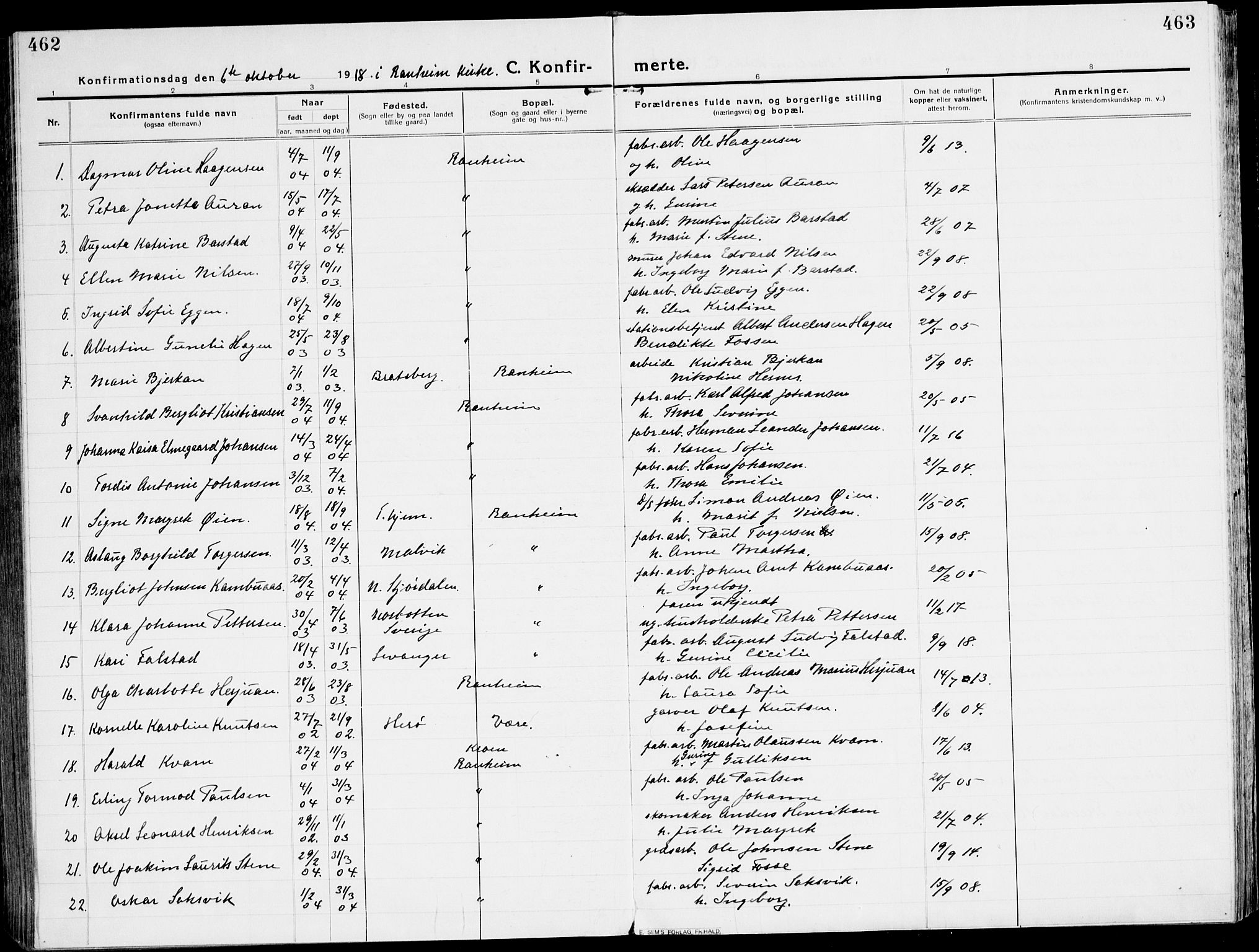 Ministerialprotokoller, klokkerbøker og fødselsregistre - Sør-Trøndelag, AV/SAT-A-1456/607/L0321: Parish register (official) no. 607A05, 1916-1935, p. 462-463