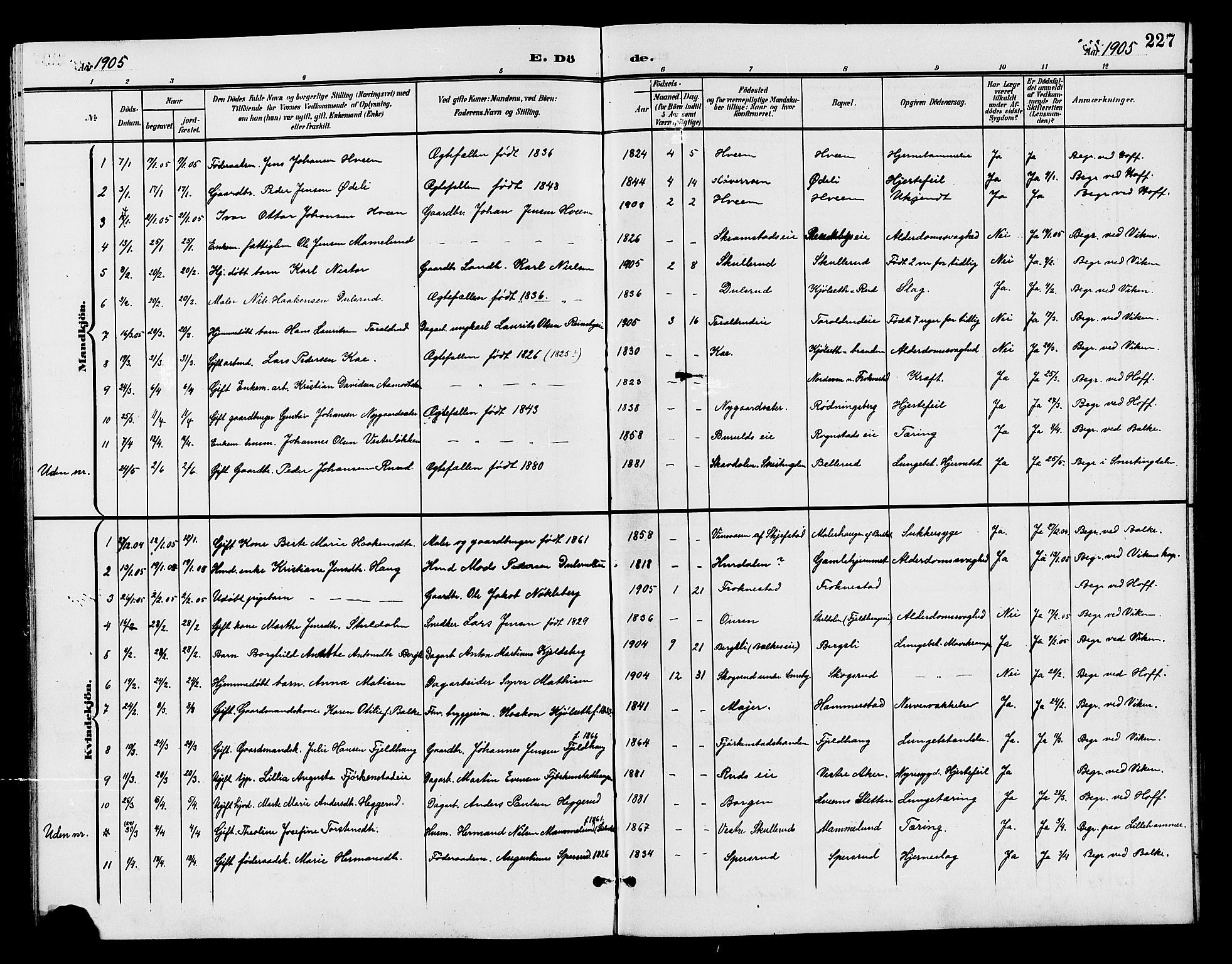 Østre Toten prestekontor, AV/SAH-PREST-104/H/Ha/Hab/L0007: Parish register (copy) no. 7, 1901-1912, p. 227