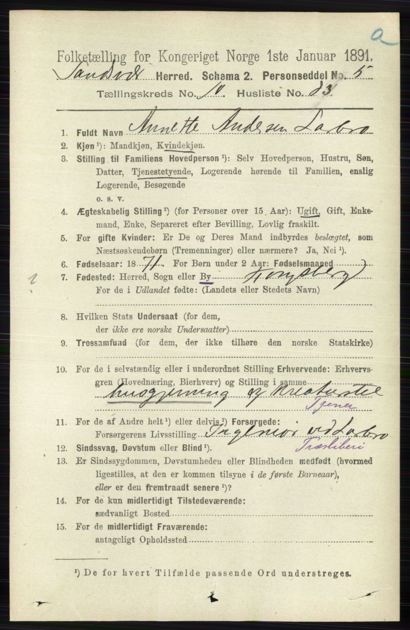 RA, 1891 census for 0629 Sandsvær, 1891, p. 5471