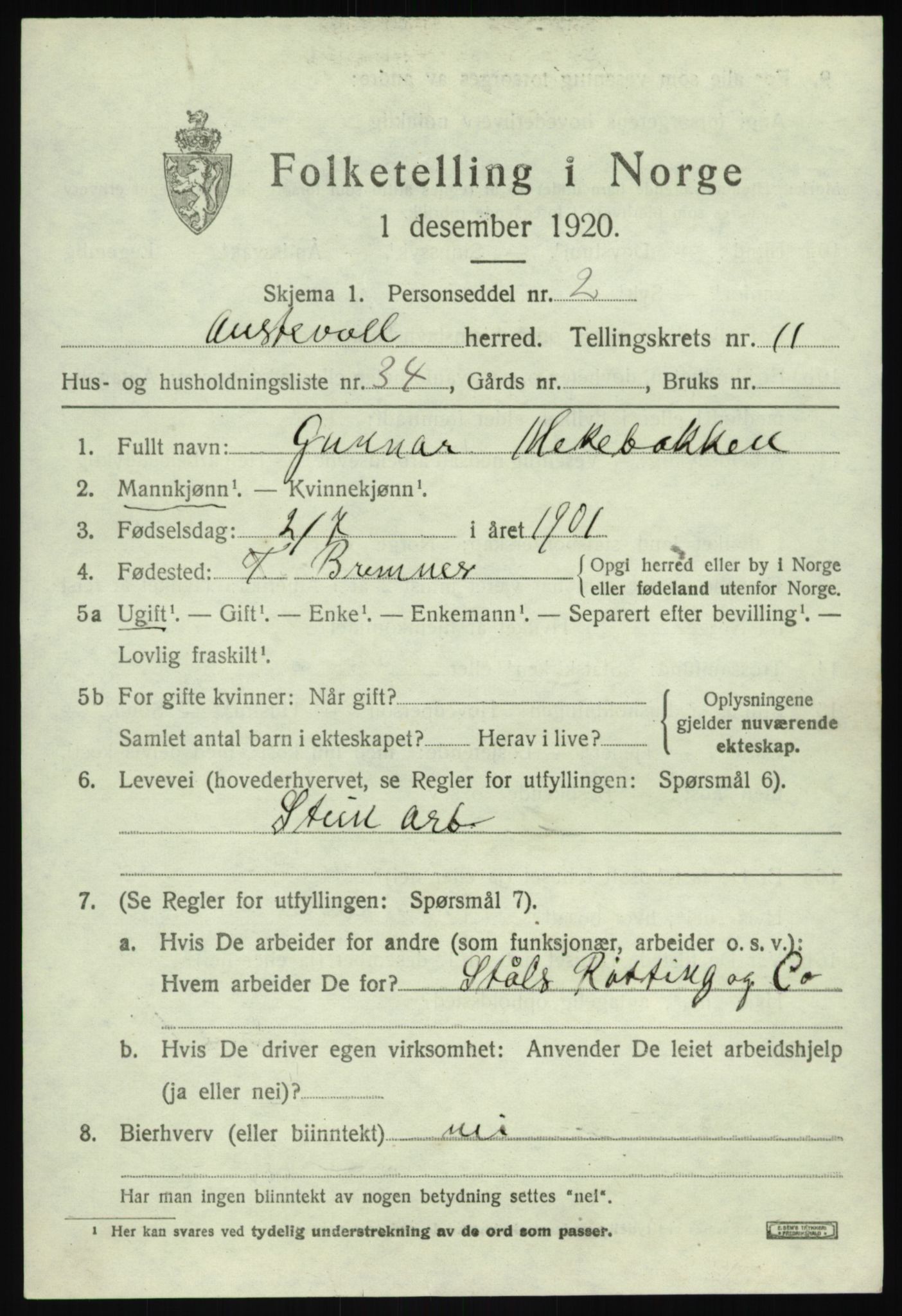 SAB, 1920 census for Austevoll, 1920, p. 6522